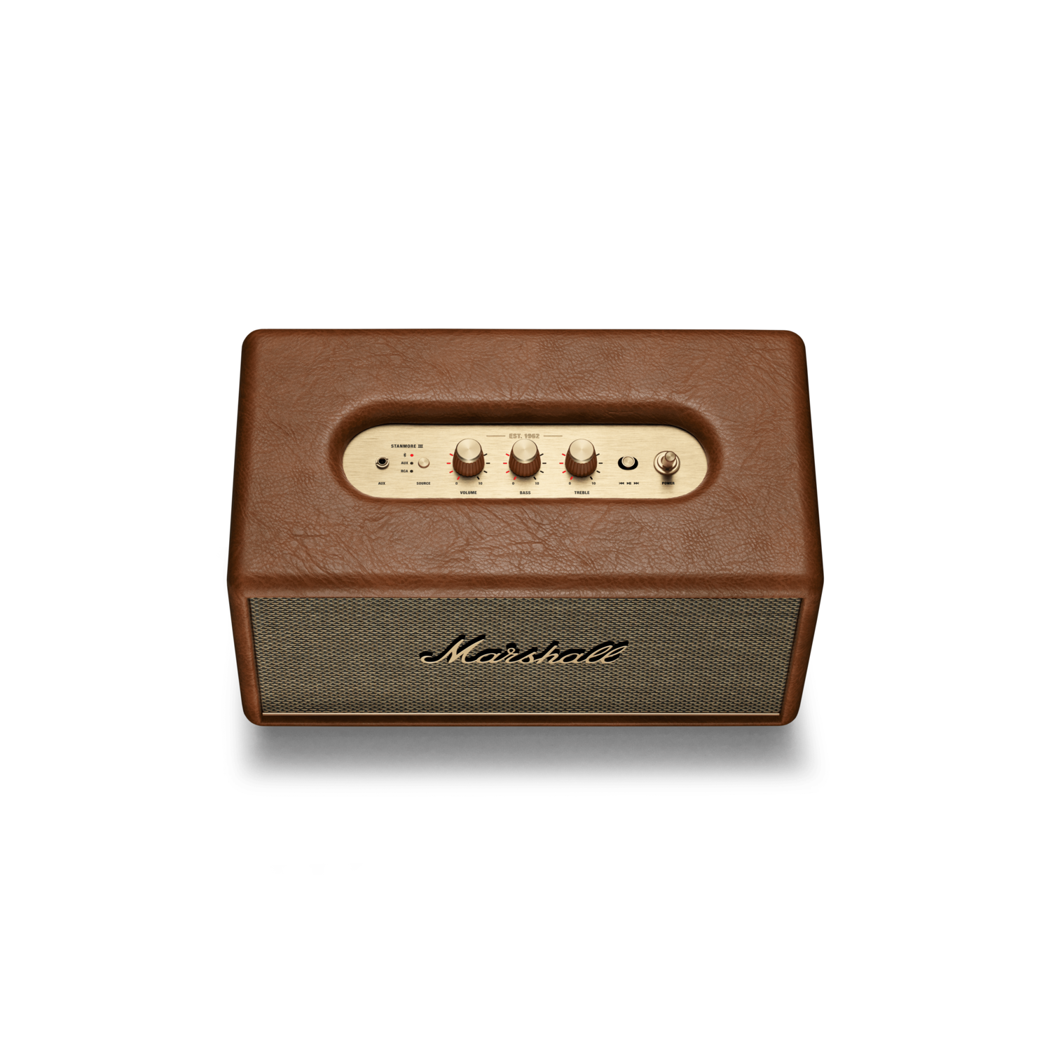 Bruine leren speaker met gouden accenten en bedieningsknoppen, Marshall logo, op een zwarte achtergrond.