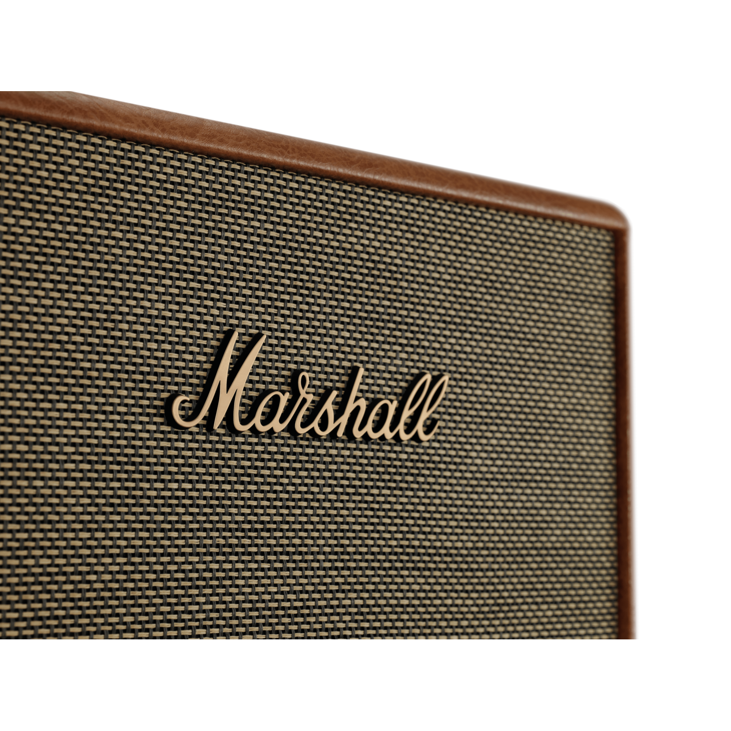 Close-up van een bruine en beige Marshall-luidspreker.