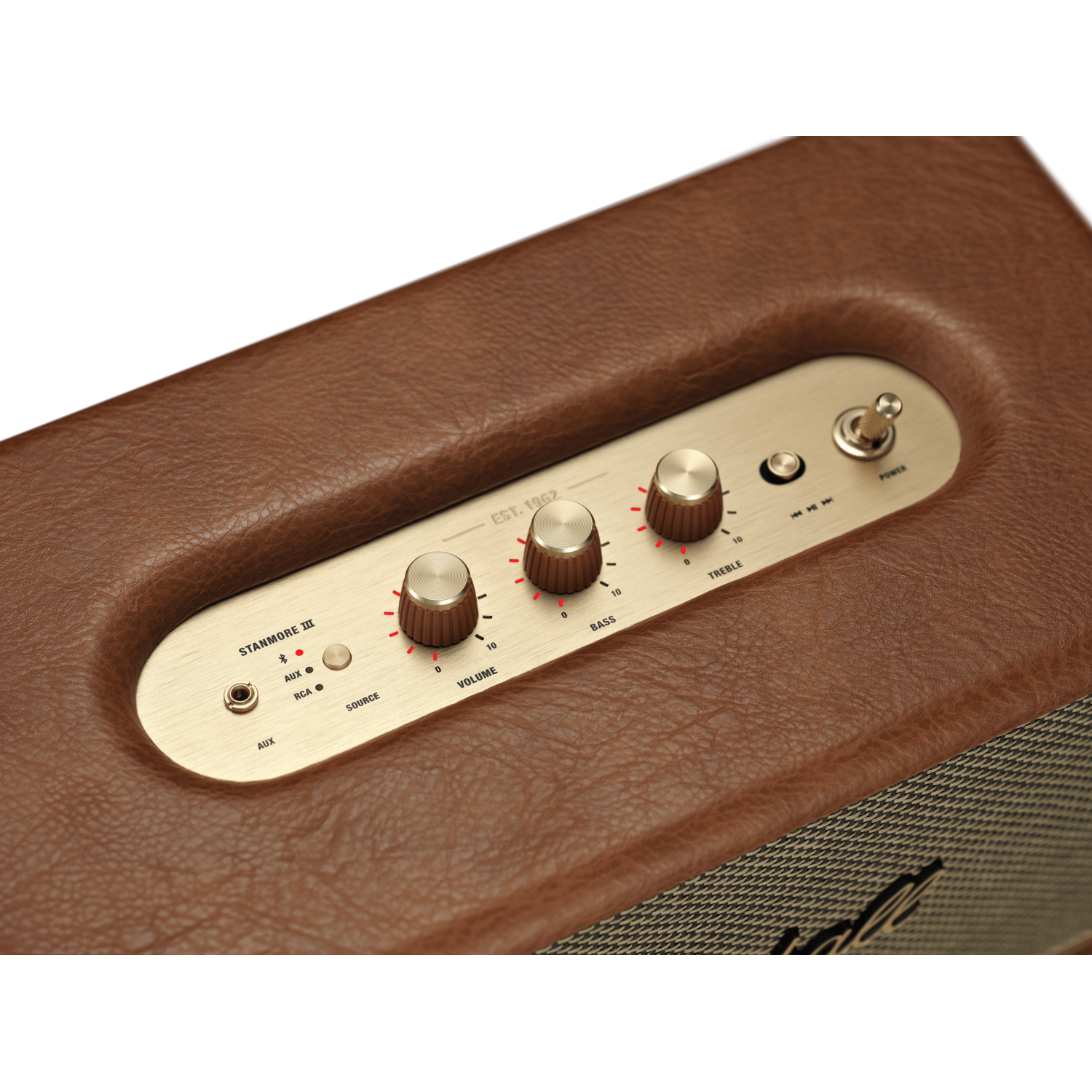 Een close-up van het bedieningspaneel van een Marshall-luidspreker met volume-, bas- en trebleknoppen.
