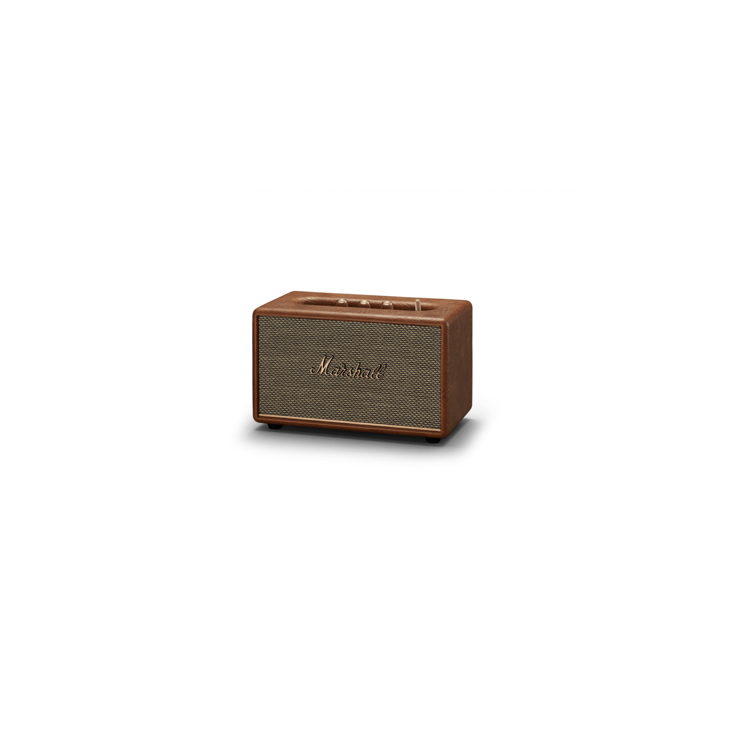 Brown Marshall speaker on black background. Gold mesh grill visible.
