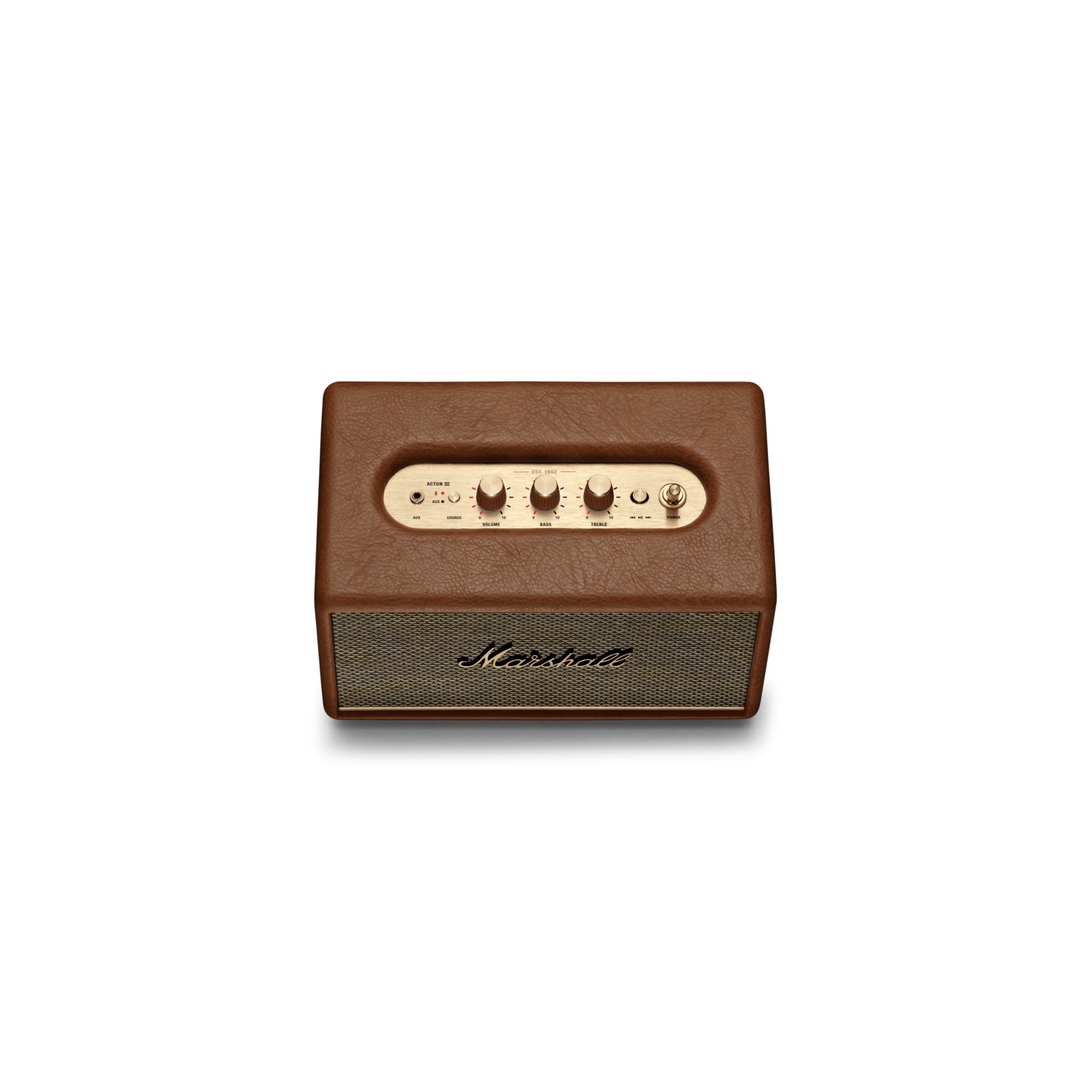 Brown Marshall speaker with gold knobs and a Marshall label, on a black background.