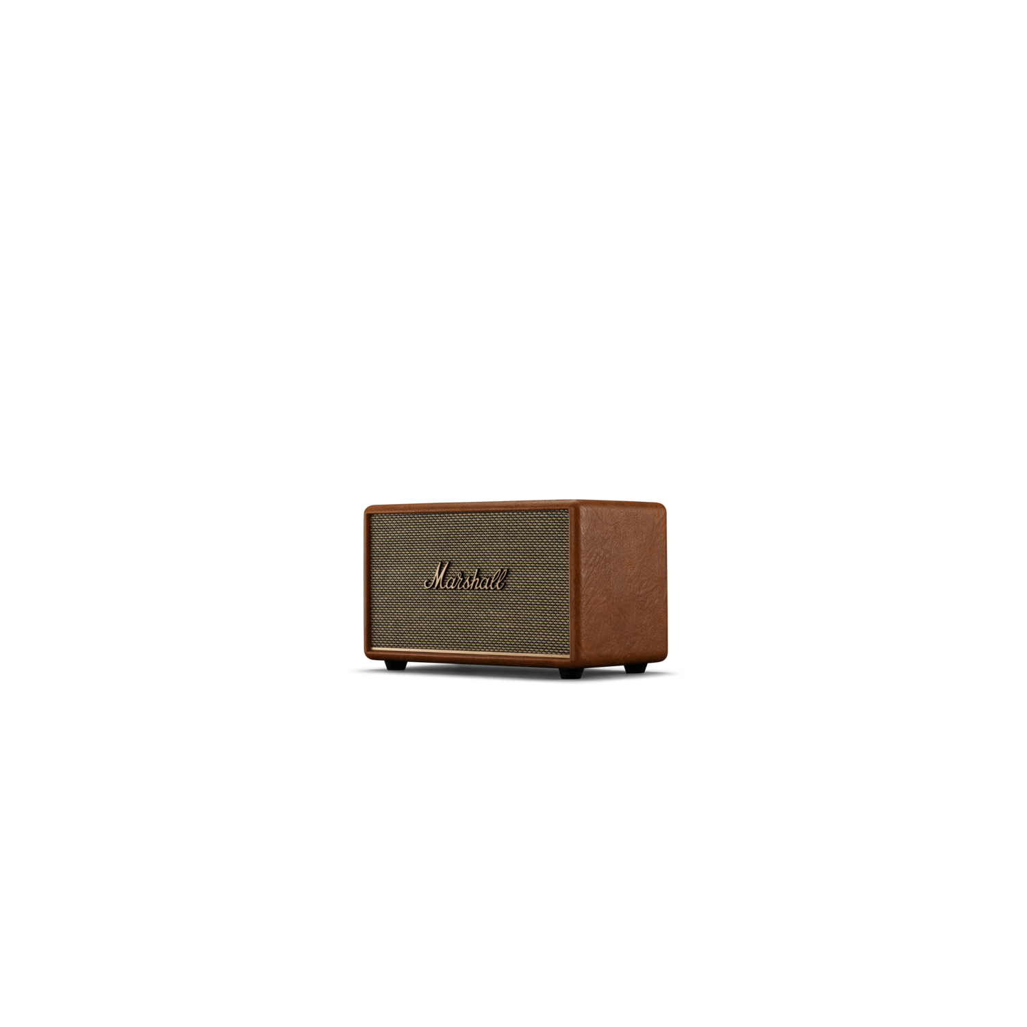 A Marshall speaker, brown with a gold mesh front, on a black background.