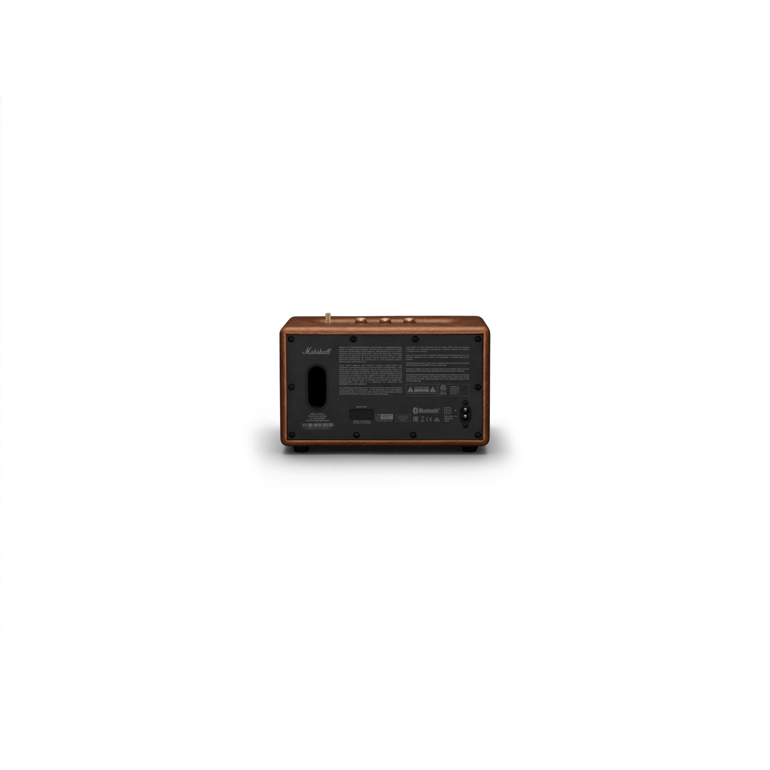 A brown speaker's back is visible, showing connectors and labels.