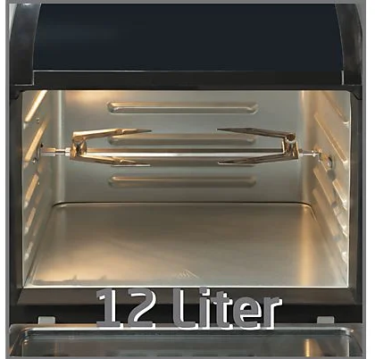 Nyitott légkeveréses sütő, ezüst fém és a "12 Liter" felirattal.