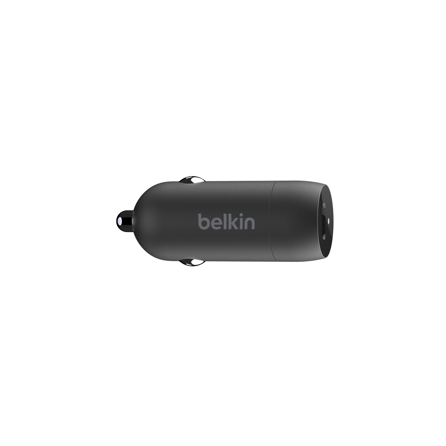 Black Belkin car charger, cylindrical shape, with the Belkin logo centered.