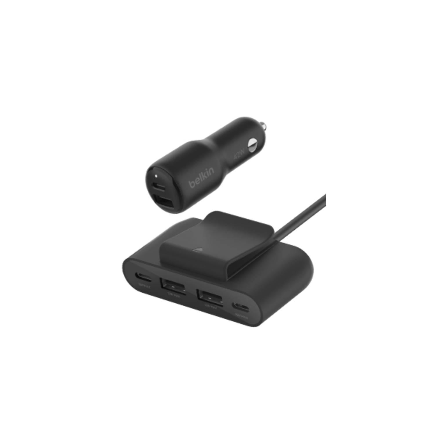 Black car charger and a black charging hub.  Belkin brand visible.