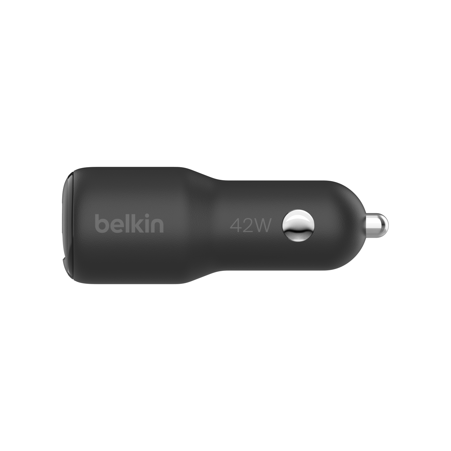 Black car charger, with Belkin logo and 42W text, isolated on white.