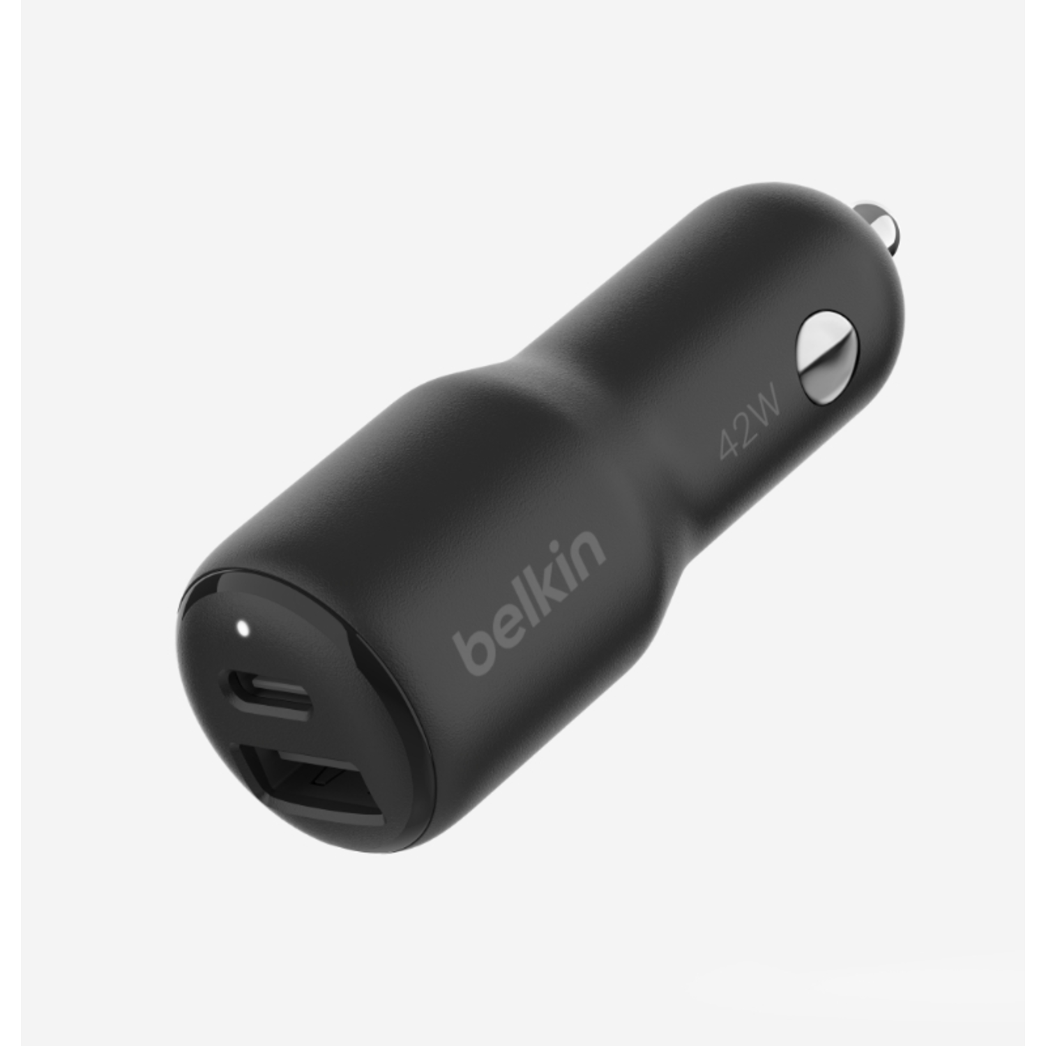 Black car charger with the Belkin logo and a USB port on a white backdrop.