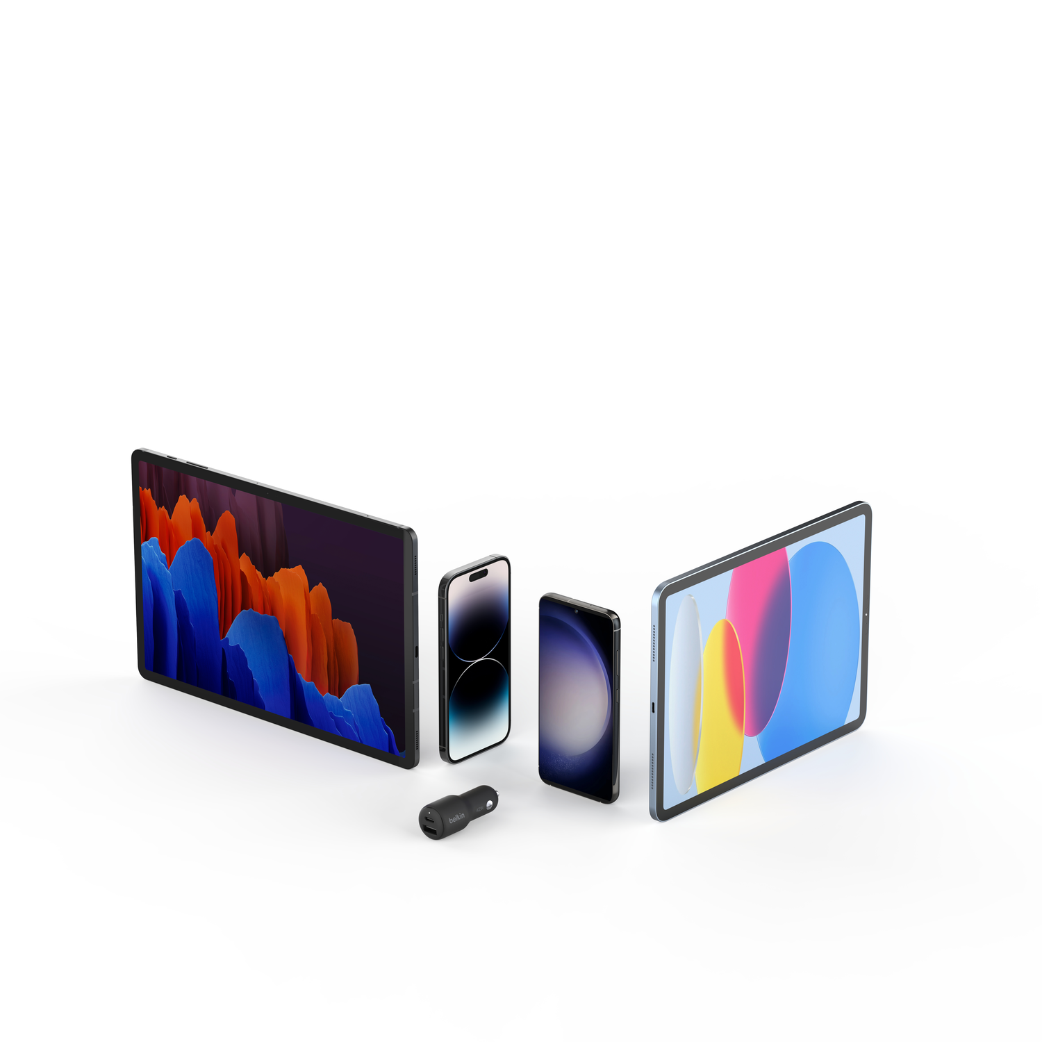 Various electronic devices: tablets, phones, and a charger, all white background.
