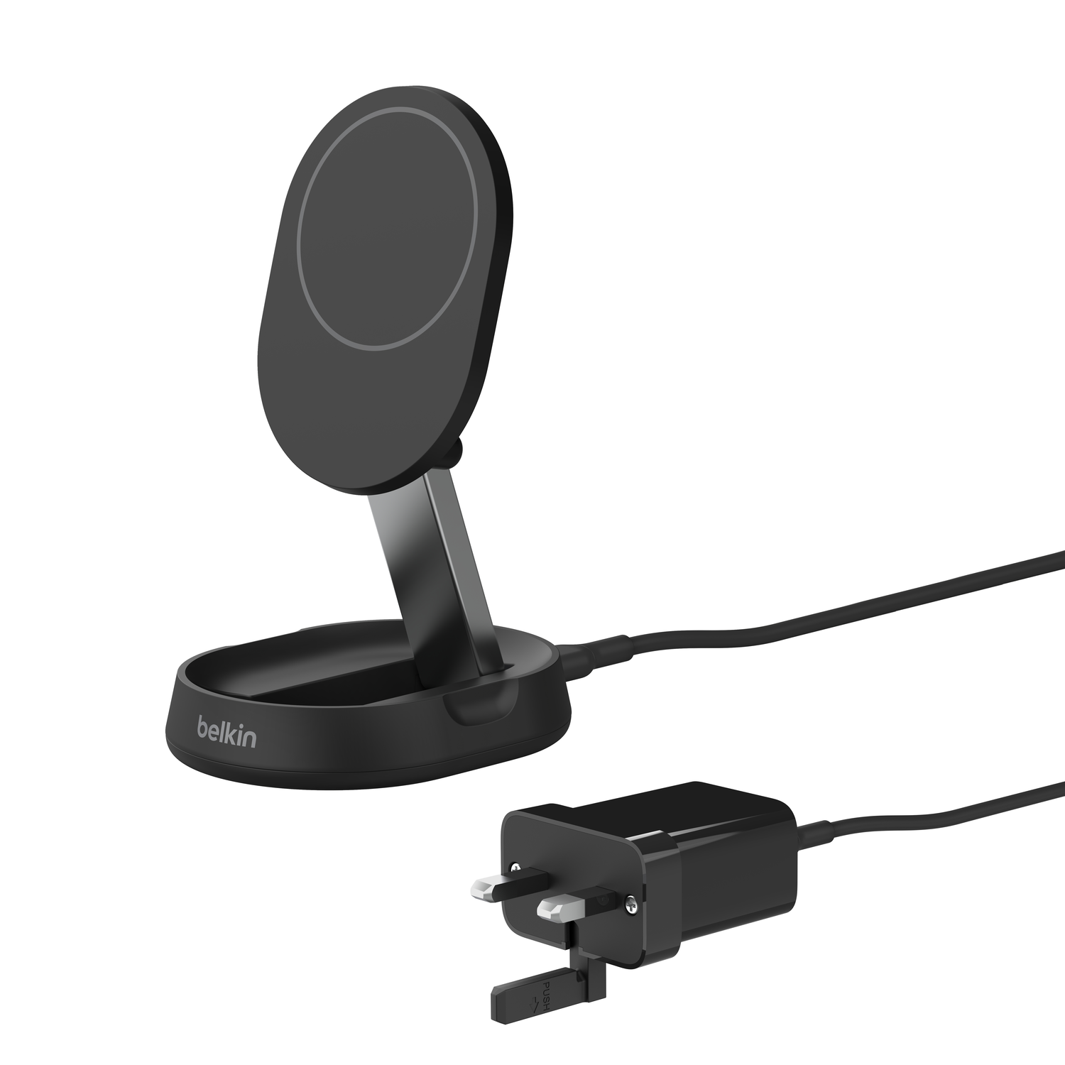 Black wireless charging stand with a charging pad and a power adapter.