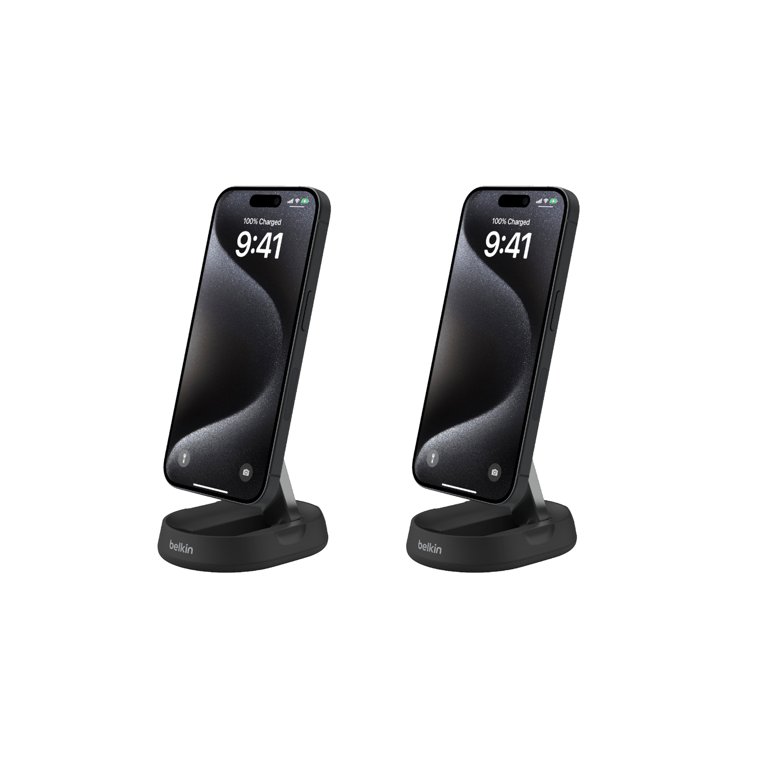 Two black phones on charging stands. Each shows a screen indicating 100% charged.