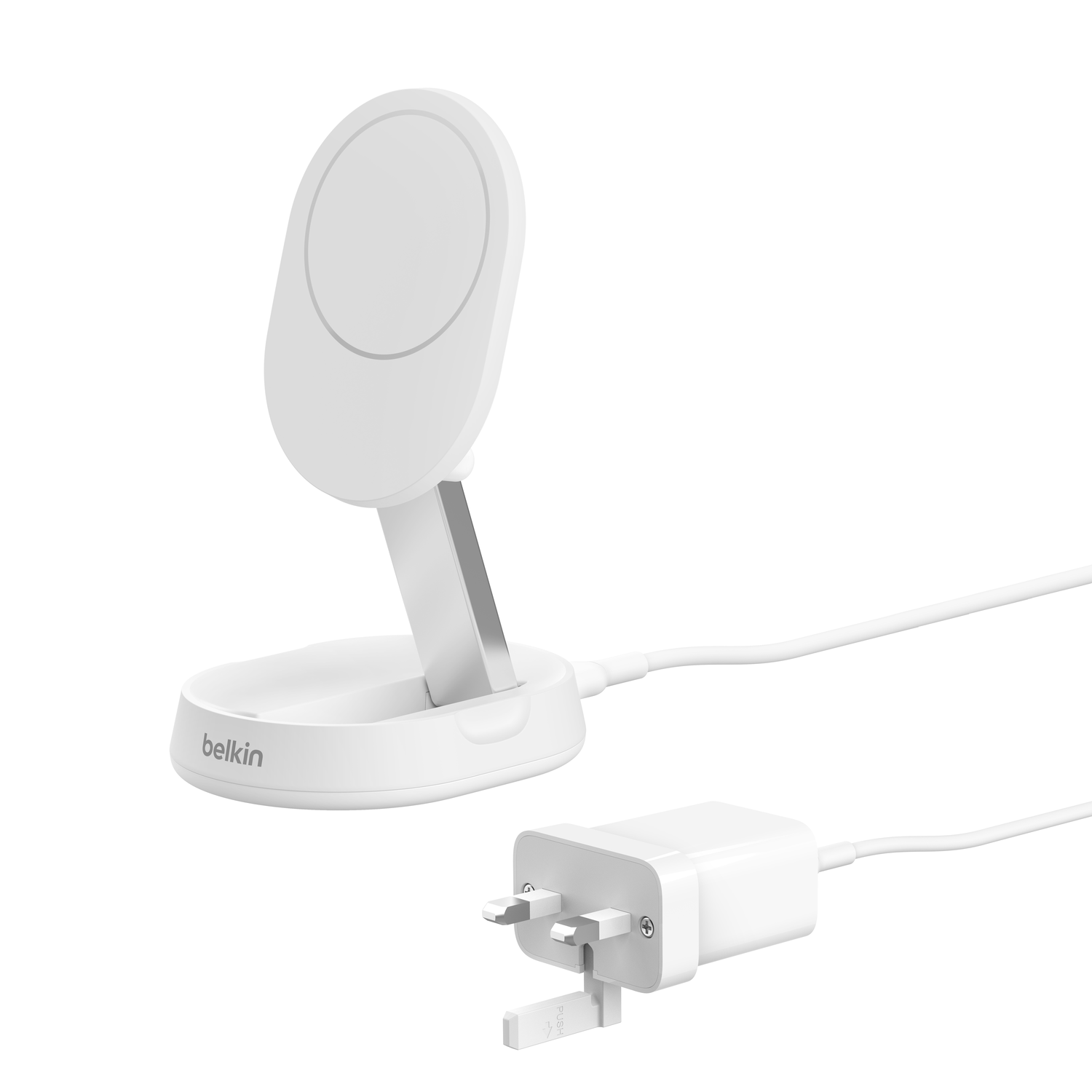 A white charging stand with a white plug.