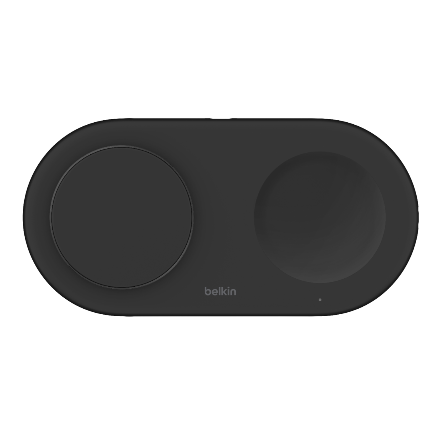Zwart oplaadpad met twee cirkels. 'Belkin' logo wordt weergegeven.
