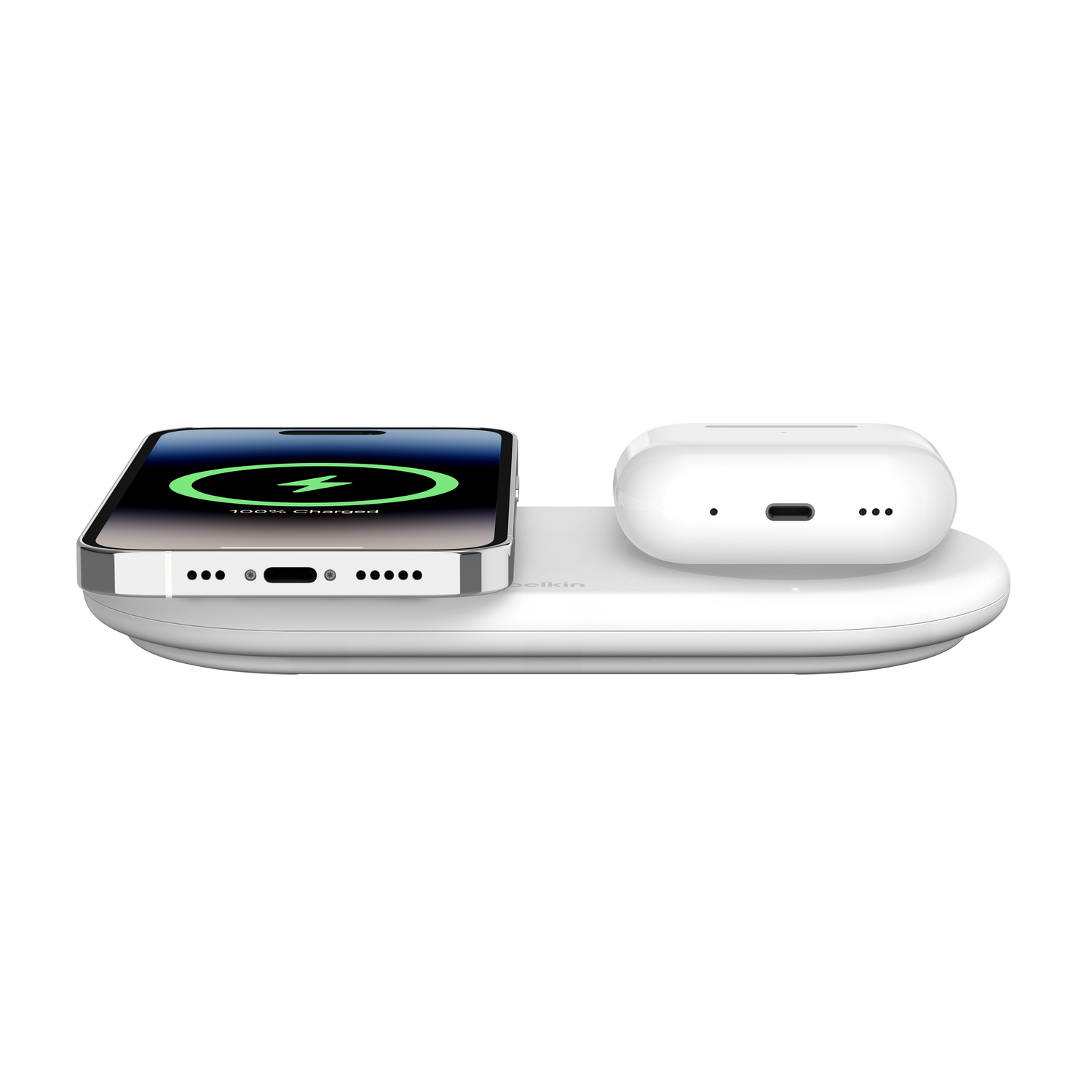 Wireless charging station with a phone and earbuds, both charging.