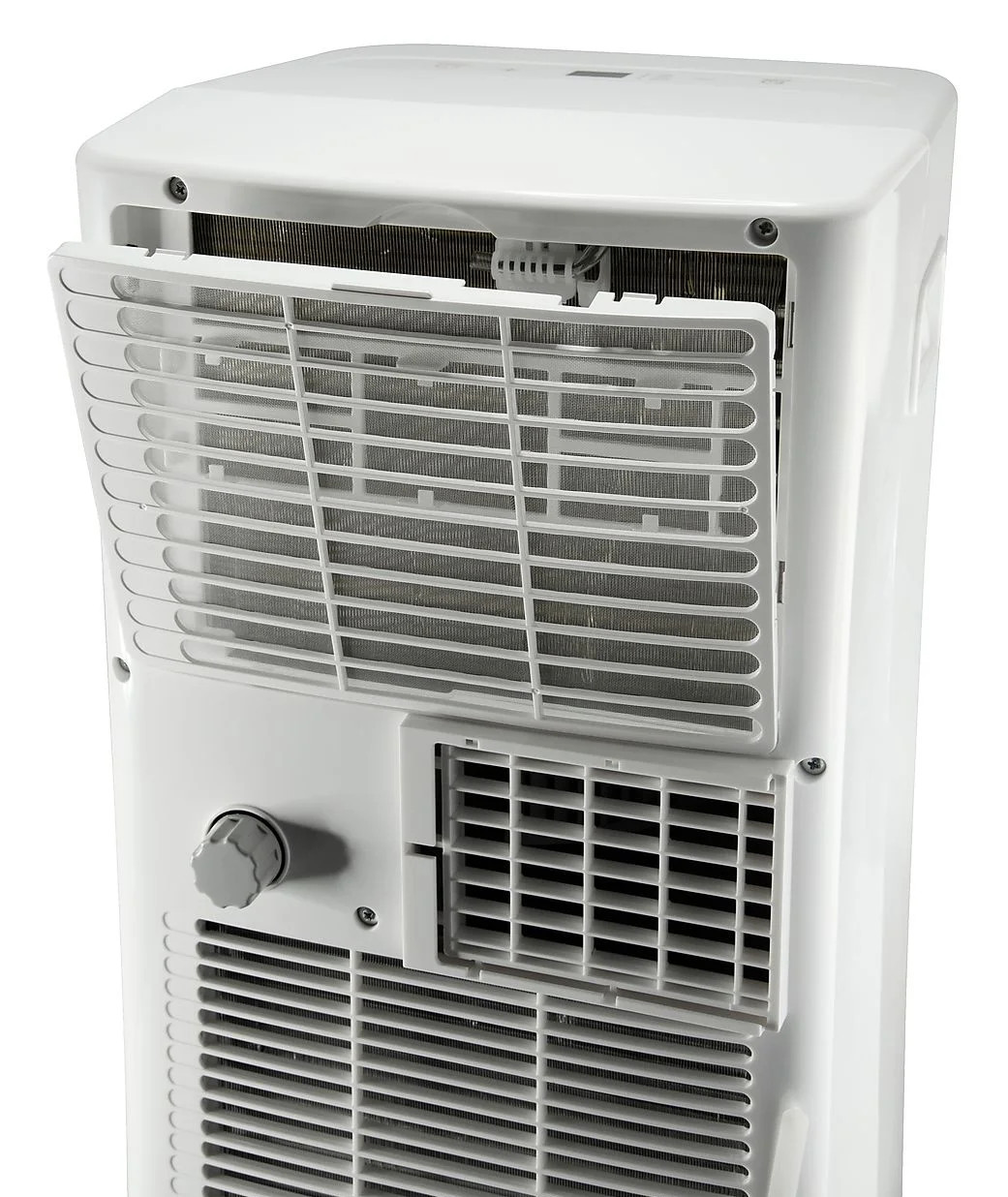 Biały oczyszczacz powietrza z otwartym tylnym panelem. Widoczny filtr i elementy wewnętrzne.