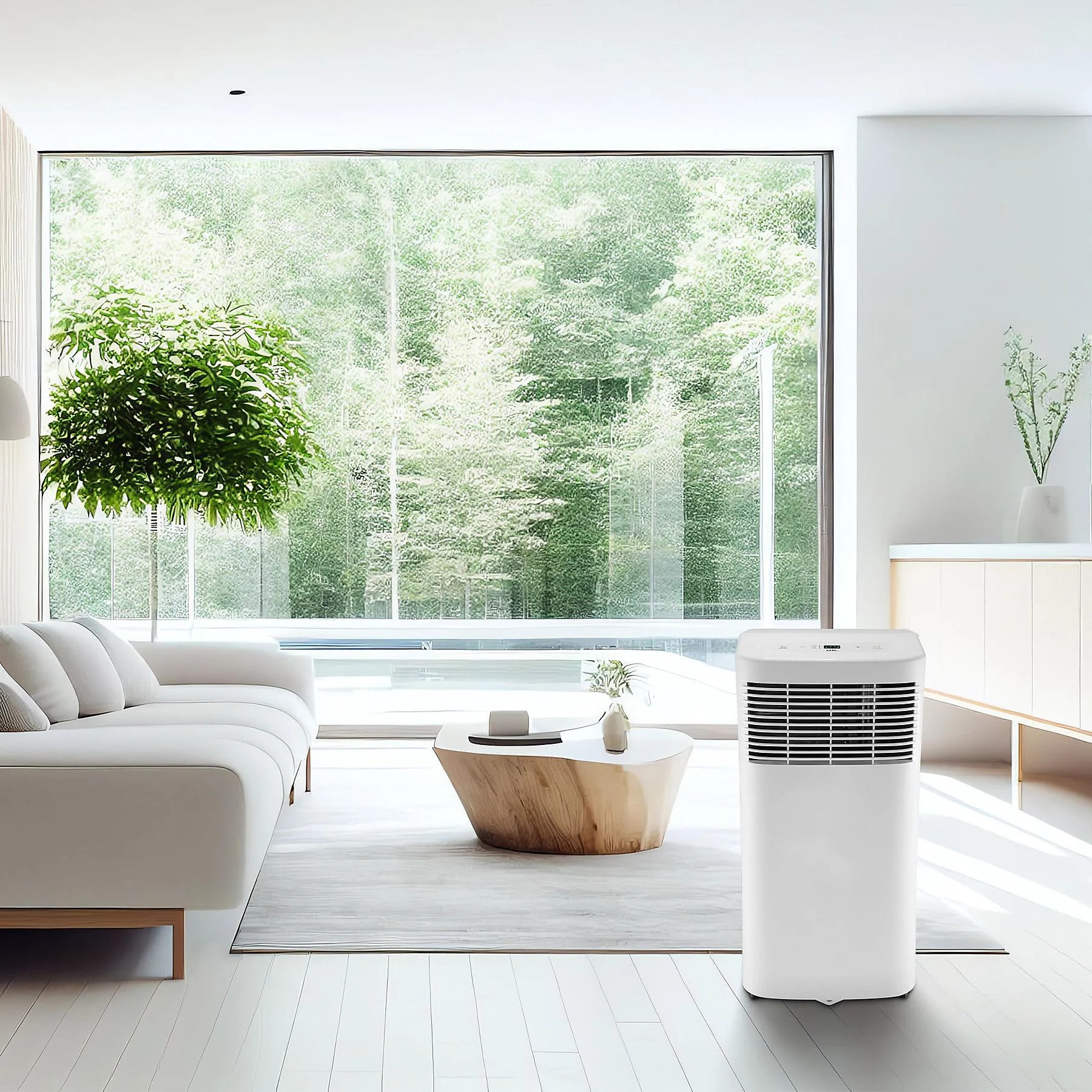 Biały klimatyzator w nowoczesnym salonie. Pokój ma duże okna i białą sofę.