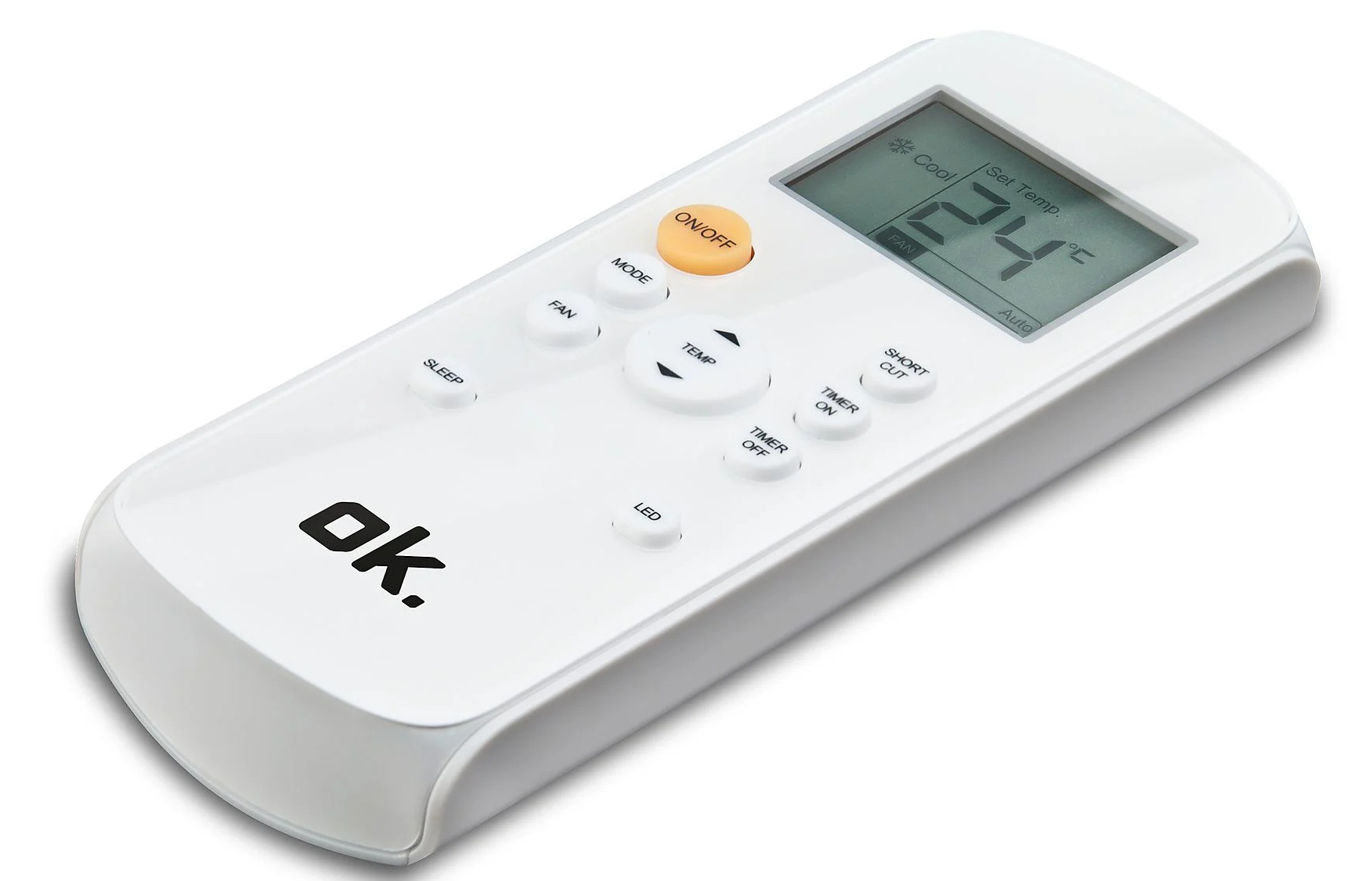 Biały pilot z przyciskami, wyświetlaczem cyfrowym i logo 'ok.'.