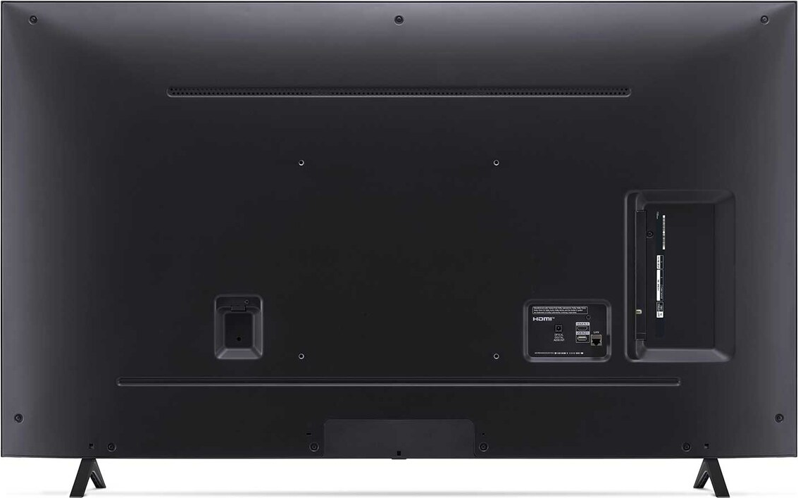 TV-Rückseite, schwarz mit Anschlüssen und Standbeinen. Enthält HDMI, USB und weitere Schnittstellen.