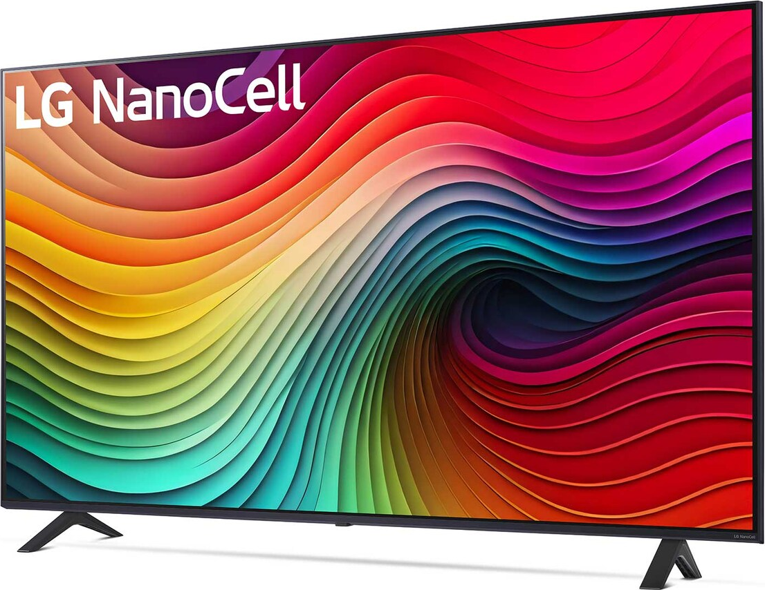 Ein LG NanoCell-Fernseher, der ein farbenfrohes, abstraktes Muster anzeigt. Der Fernseher hat schwarze Beine und Rahmen.