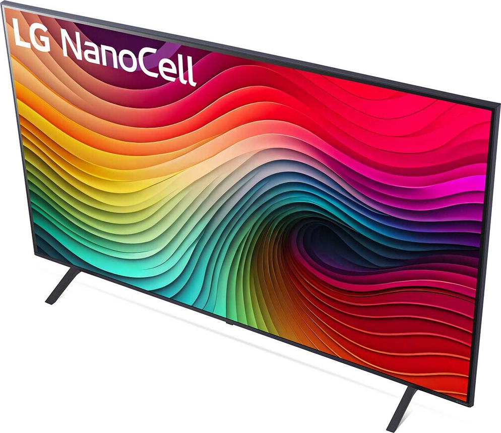 LG NanoCell TV mit buntem Regenbogenhintergrund. Der Bildschirm steht auf einem Ständer mit zwei Beinen.