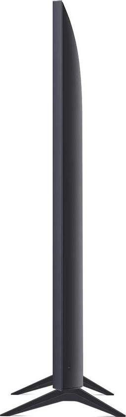 Ein schlanker, schwarzer Fernseher, Seitenansicht. Der Bildschirm ist dunkel, zwei Beine stützen ihn.