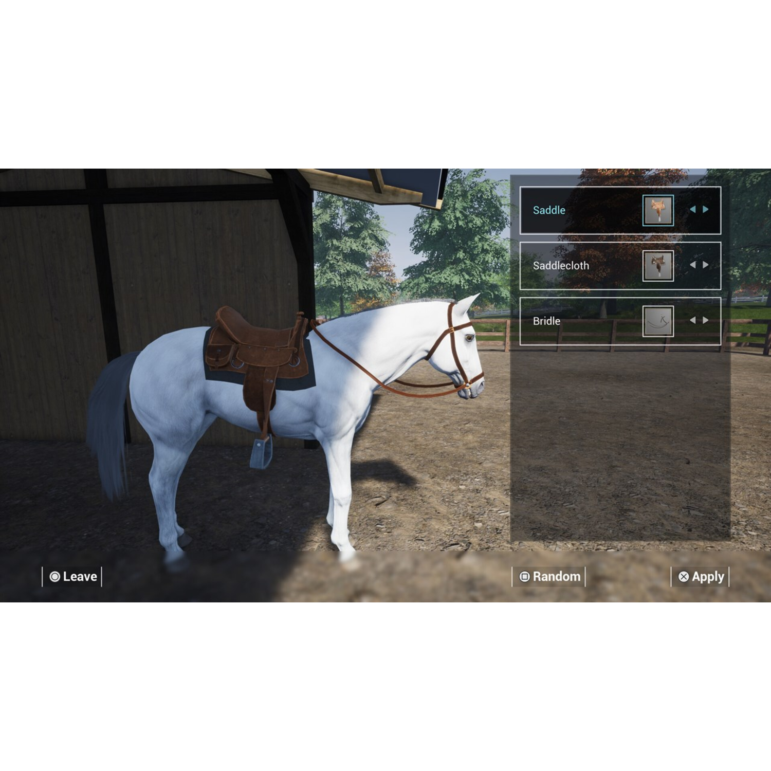 Een wit paard met een zadel en hoofdstel, met een game-interface met aanpassingsopties.