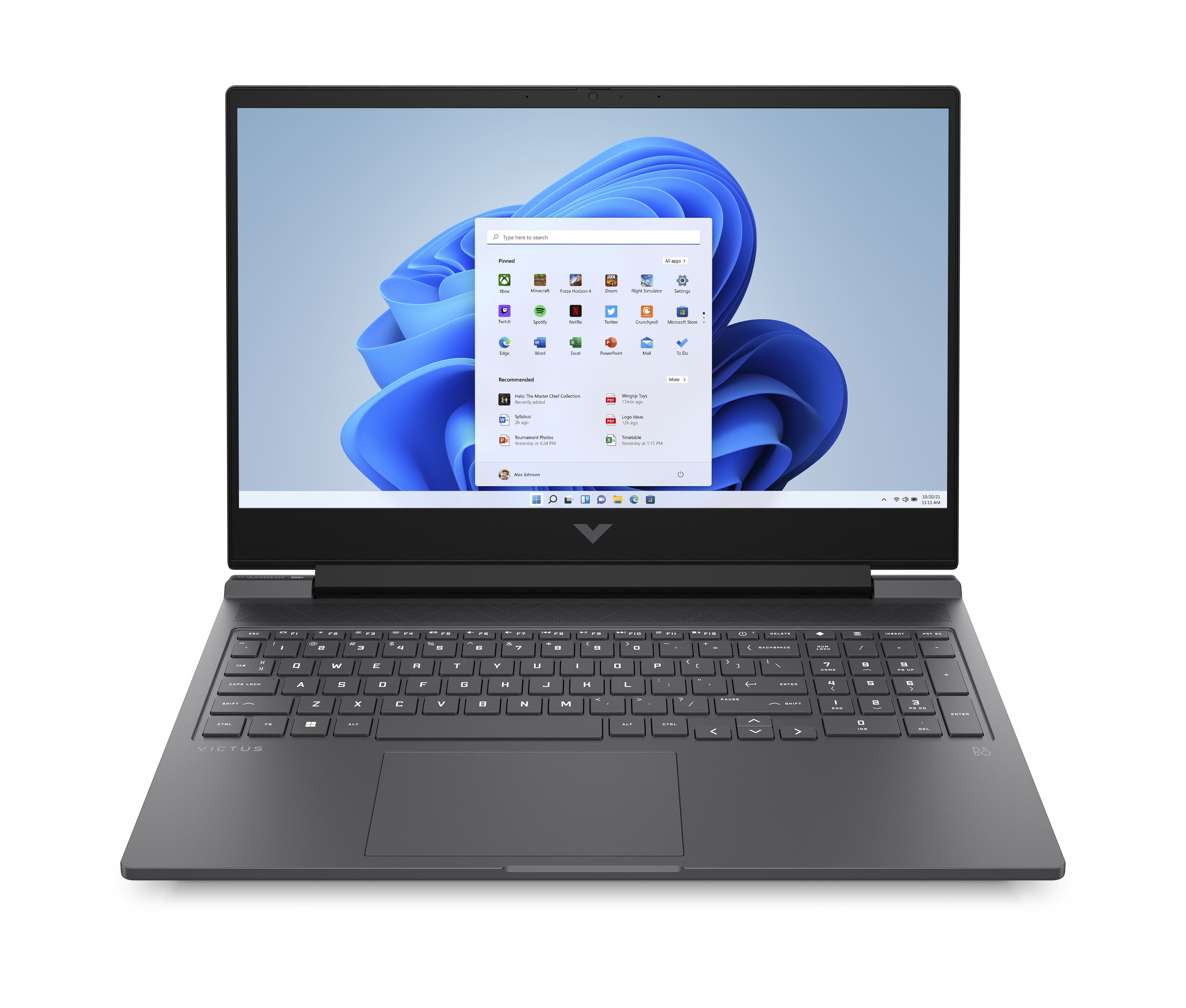 Windows 11 yüklü dizüstü bilgisayar, koyu gri gövde ve klavye.