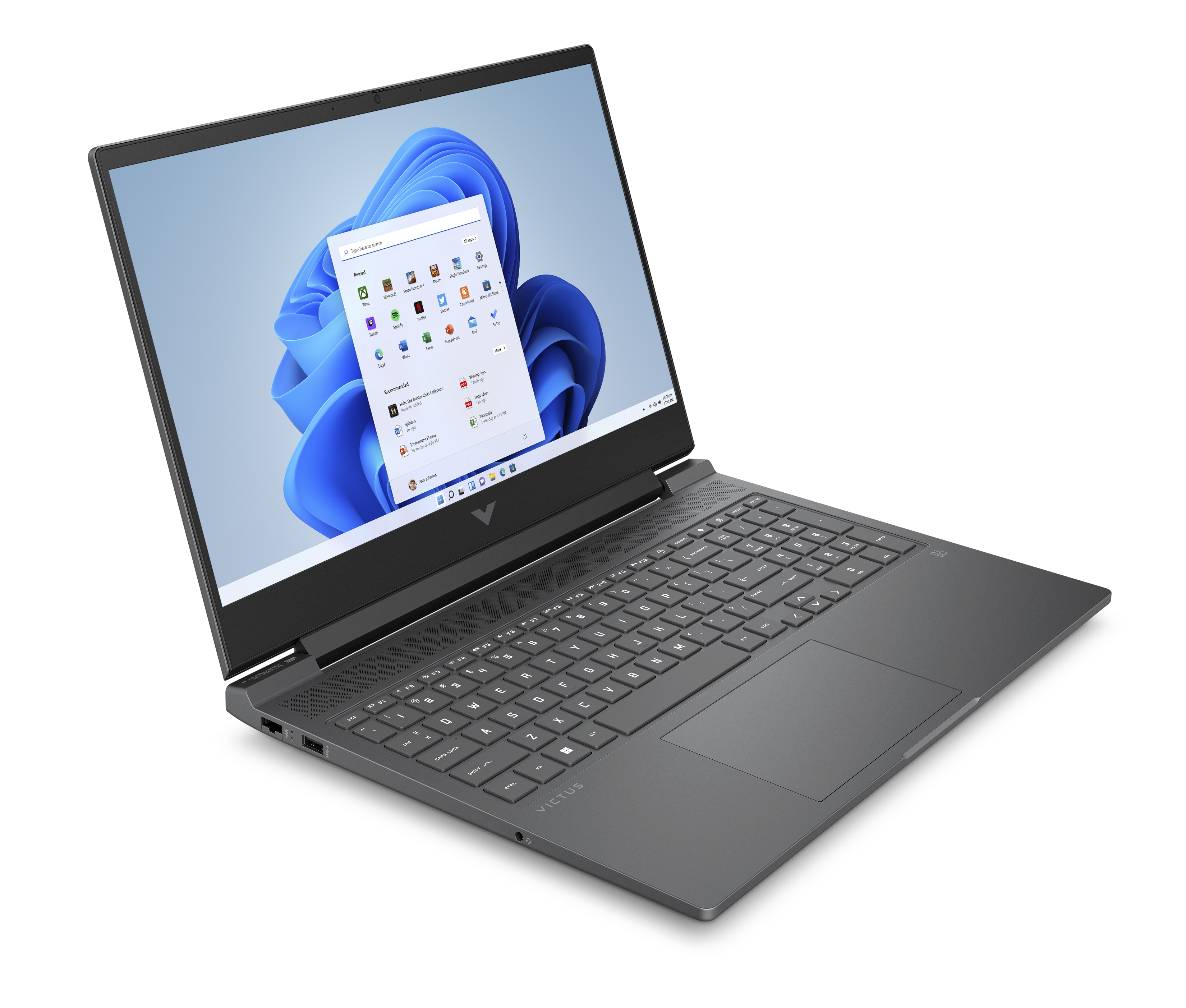 Koyu gri dizüstü bilgisayar, açık, mavi dalga arka planlı bir Windows arayüzü gösteriyor.