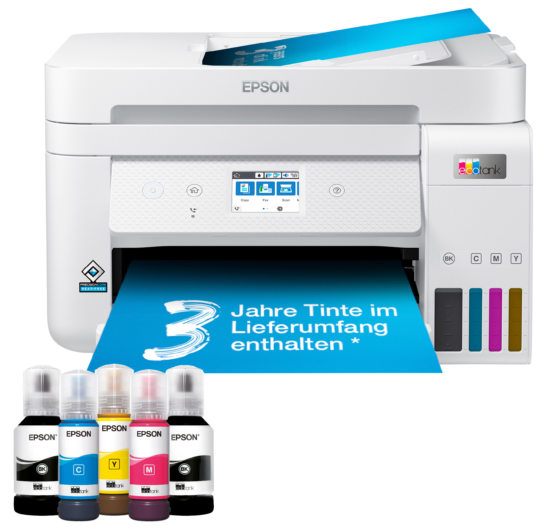 Weißer Epson-Drucker mit Tintenflaschen und einem blauen Ausdruck.