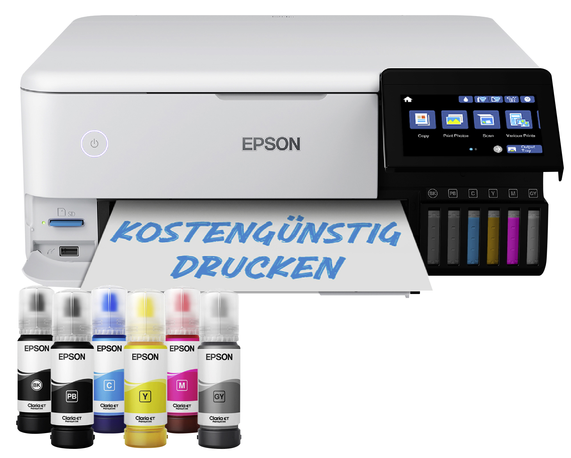 Weißer Epson-Drucker mit Tintenflaschen. Text: Kosten günstig drucken. Display zeigt Optionen.