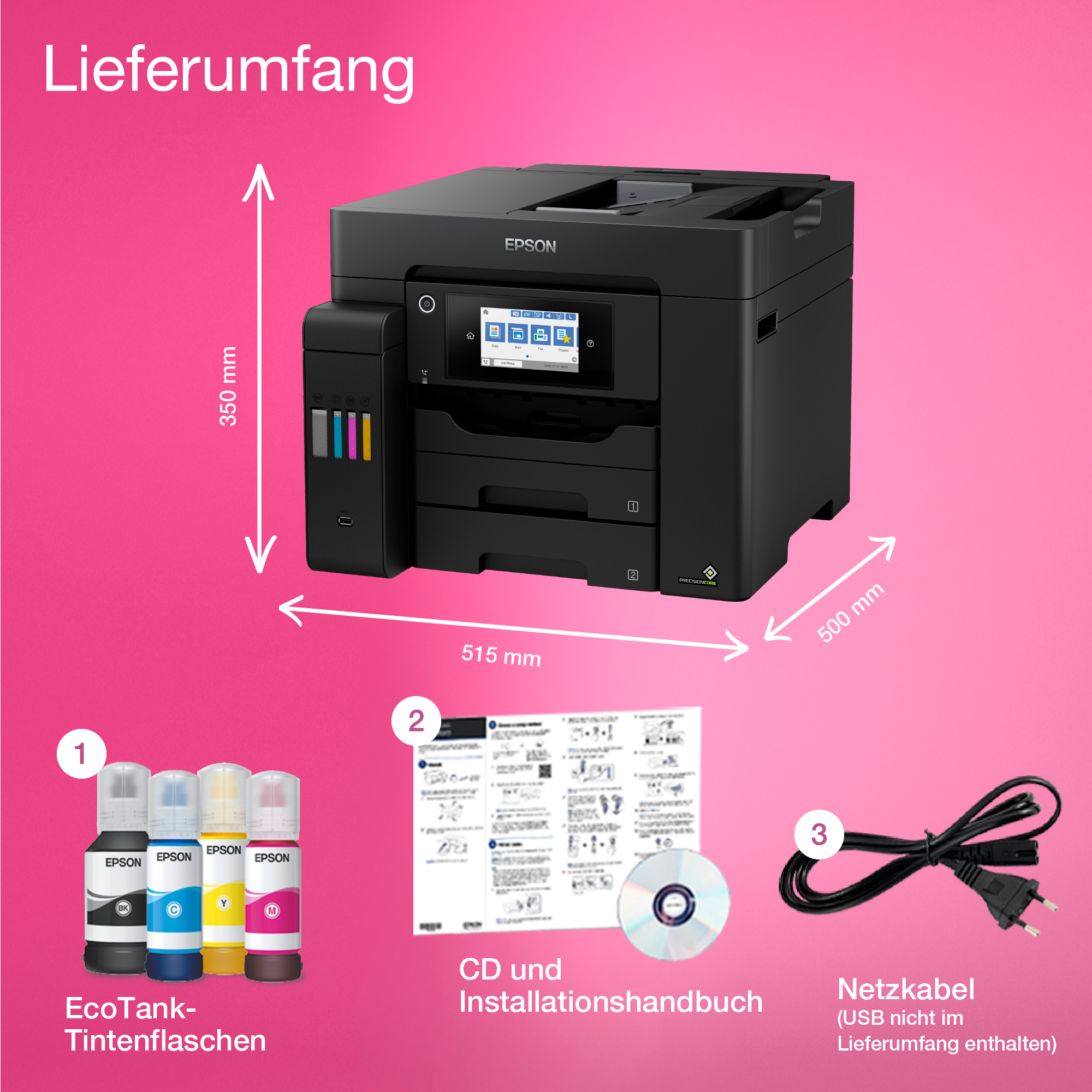 Ein Drucker mit Tintenflaschen, einer CD und einem Netzkabel. Die Abmessungen und Teile sind beschriftet.