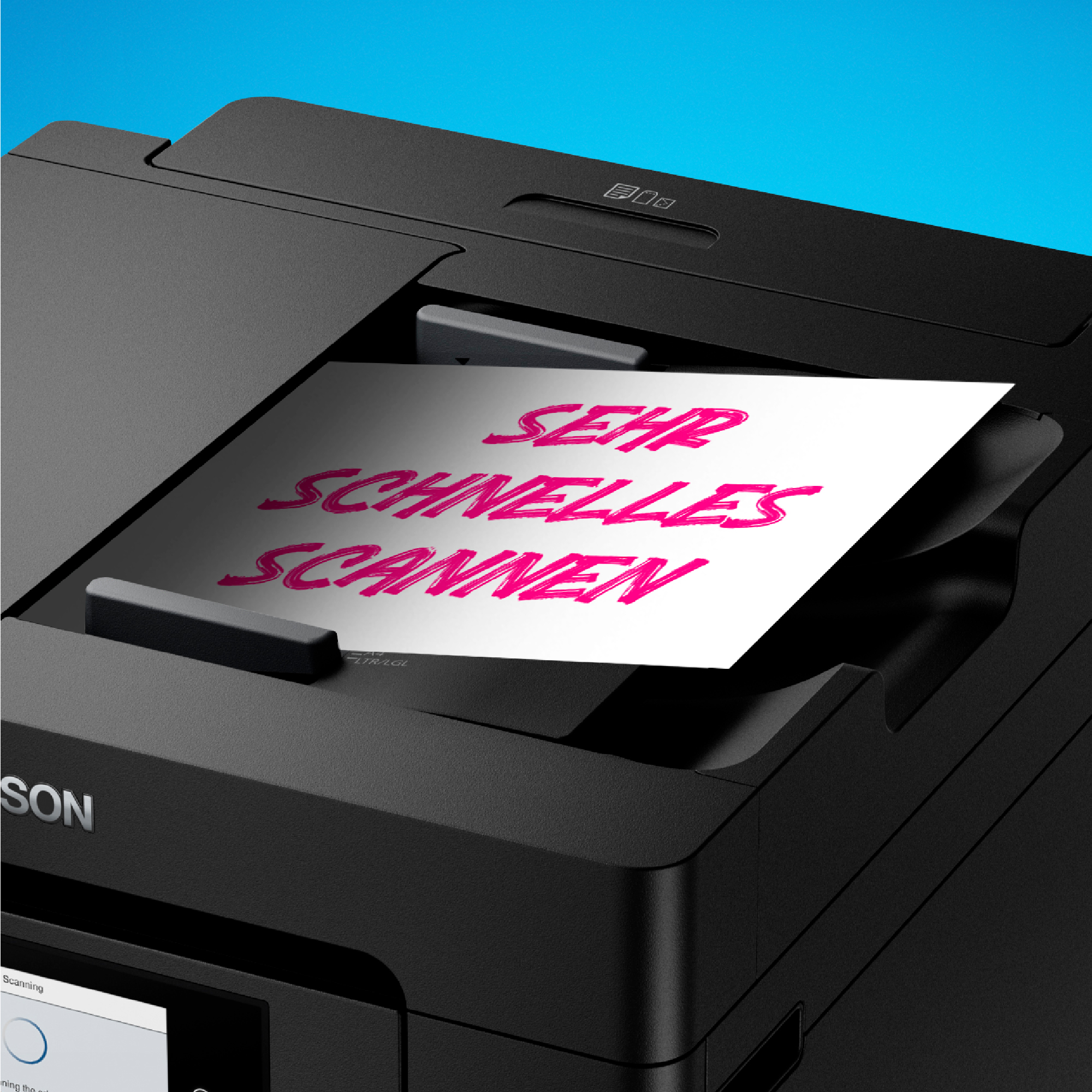 Drucker mit Blatt Papier mit 'SEHR SCHNELLES SCANNEN' in Pink.