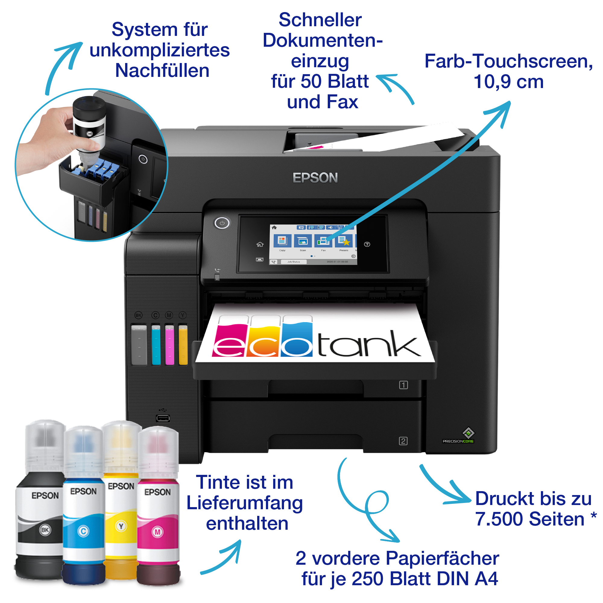 Epson-Drucker mit Tintenflaschen, Touchscreen und erklärenden Pfeilen.
