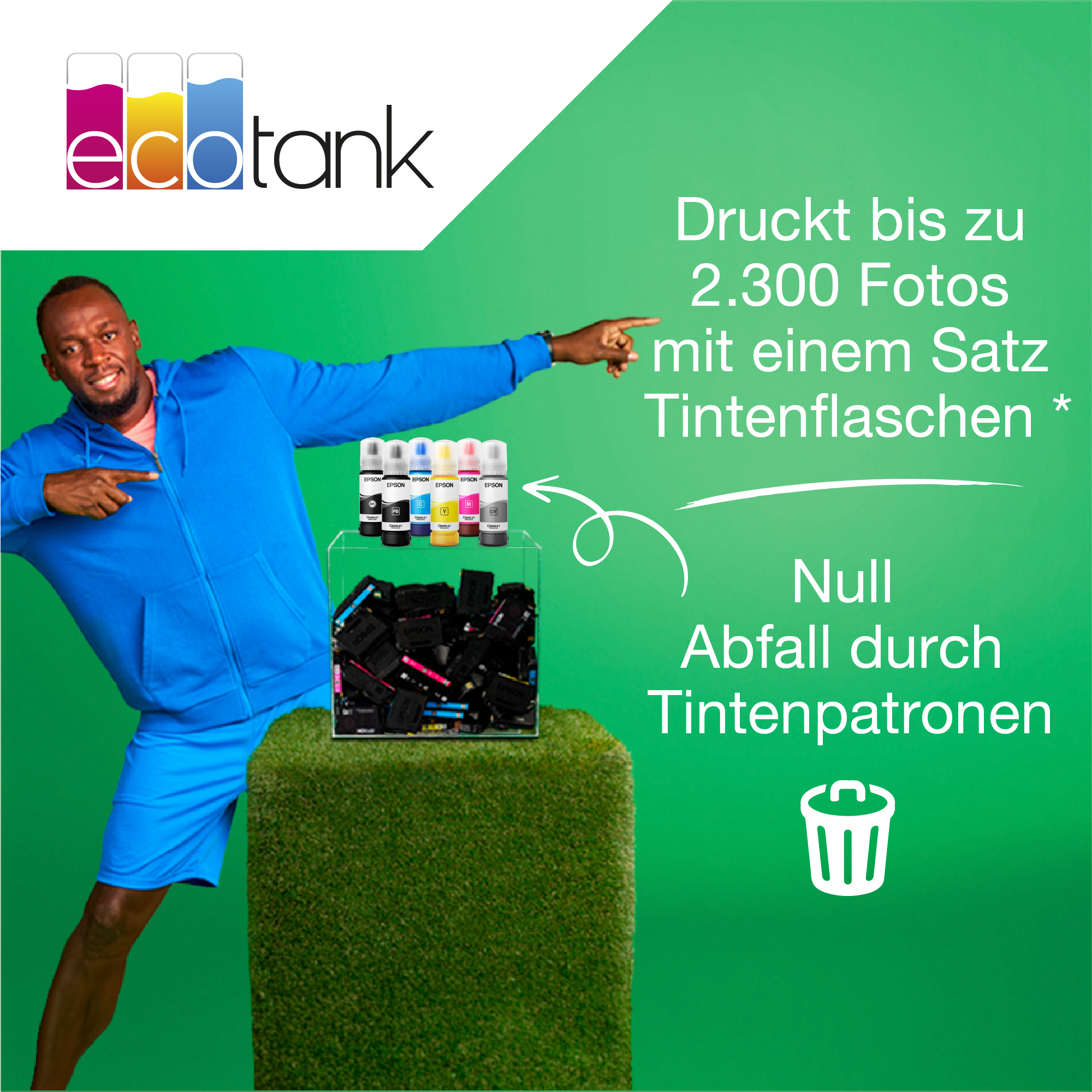 Bild mit einem Mann, der auf Tintenflaschen zeigt, mit Text über das Drucken von Fotos und keinen Abfall.