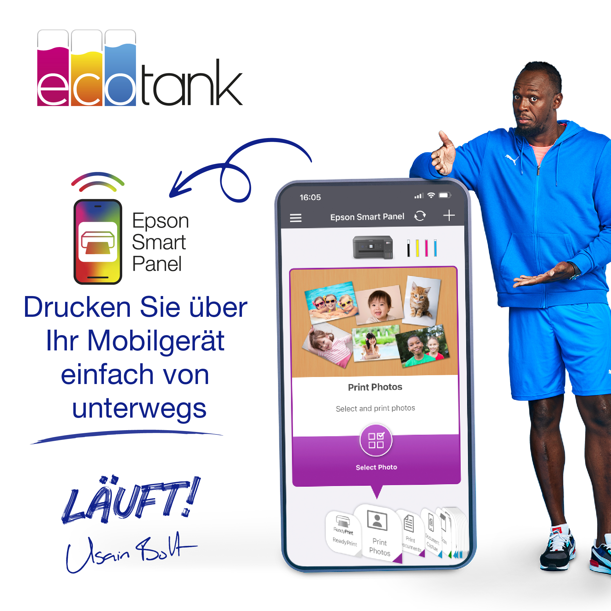 Usain Bolt mit einem Telefon, das eine Drucker-App zeigt, und dem Epson EcoTank-Logo.