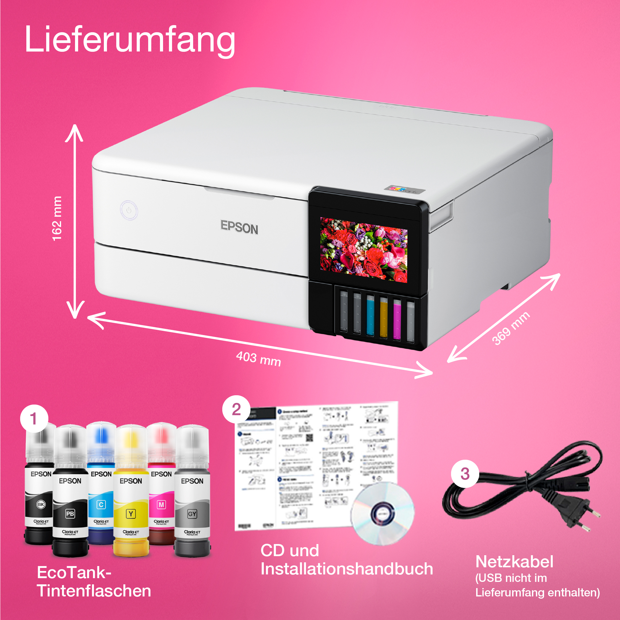 Ein weißer Epson-Drucker mit Tintenflaschen, einer CD und einem Netzkabel, mit Maßangaben.