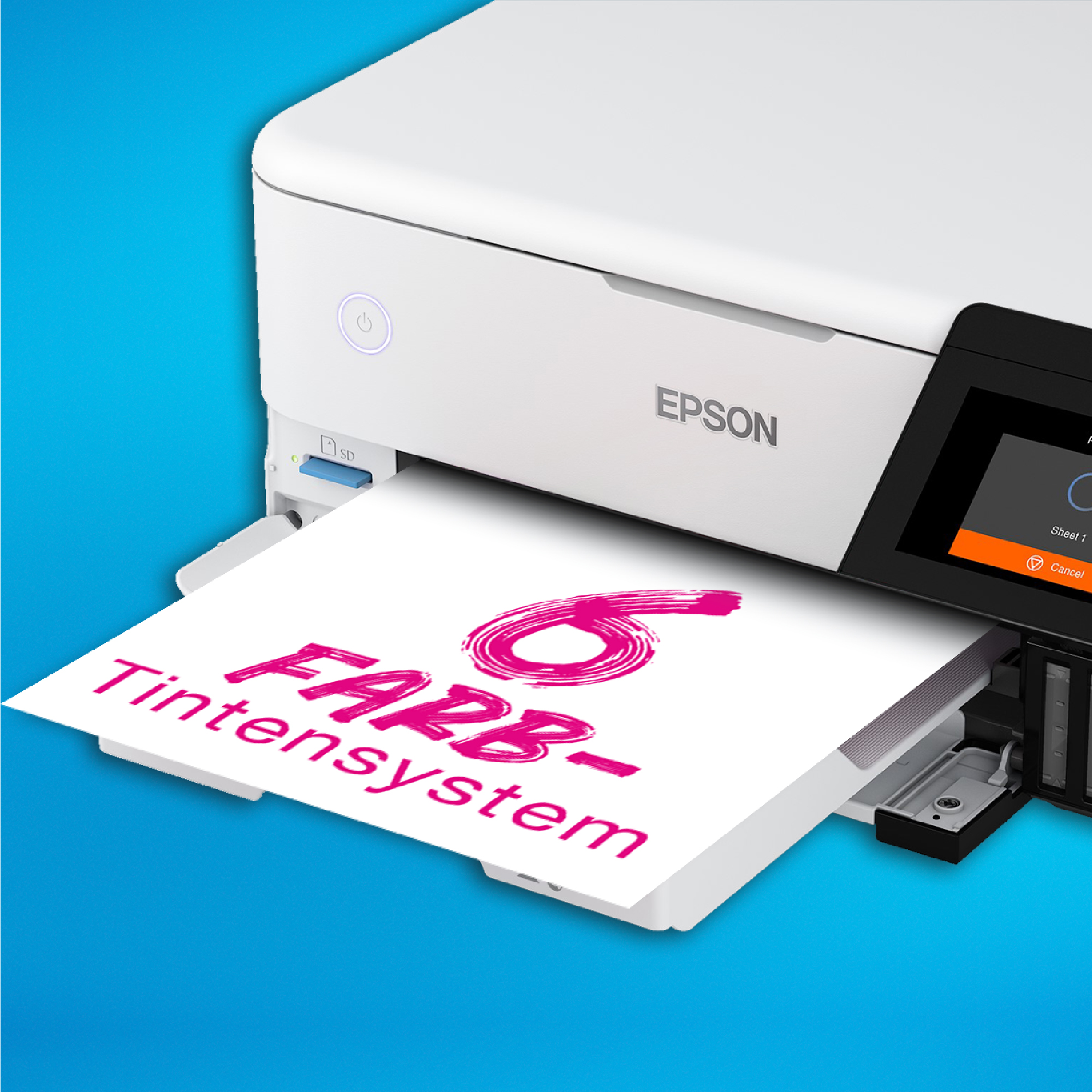 Ein weißer Drucker, der ein Papier mit Text und der Zahl 6 bedruckt.