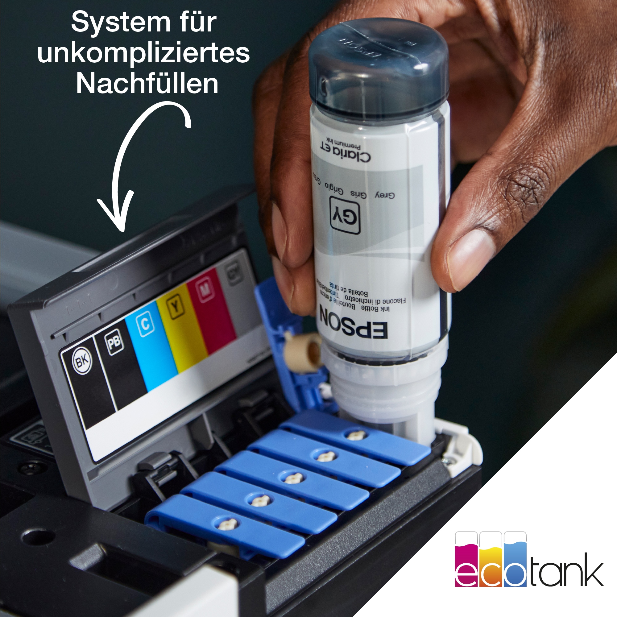 Epson-Drucker mit Tintenflasche, die befüllt wird, Text: System zum einfachen Nachfüllen.
