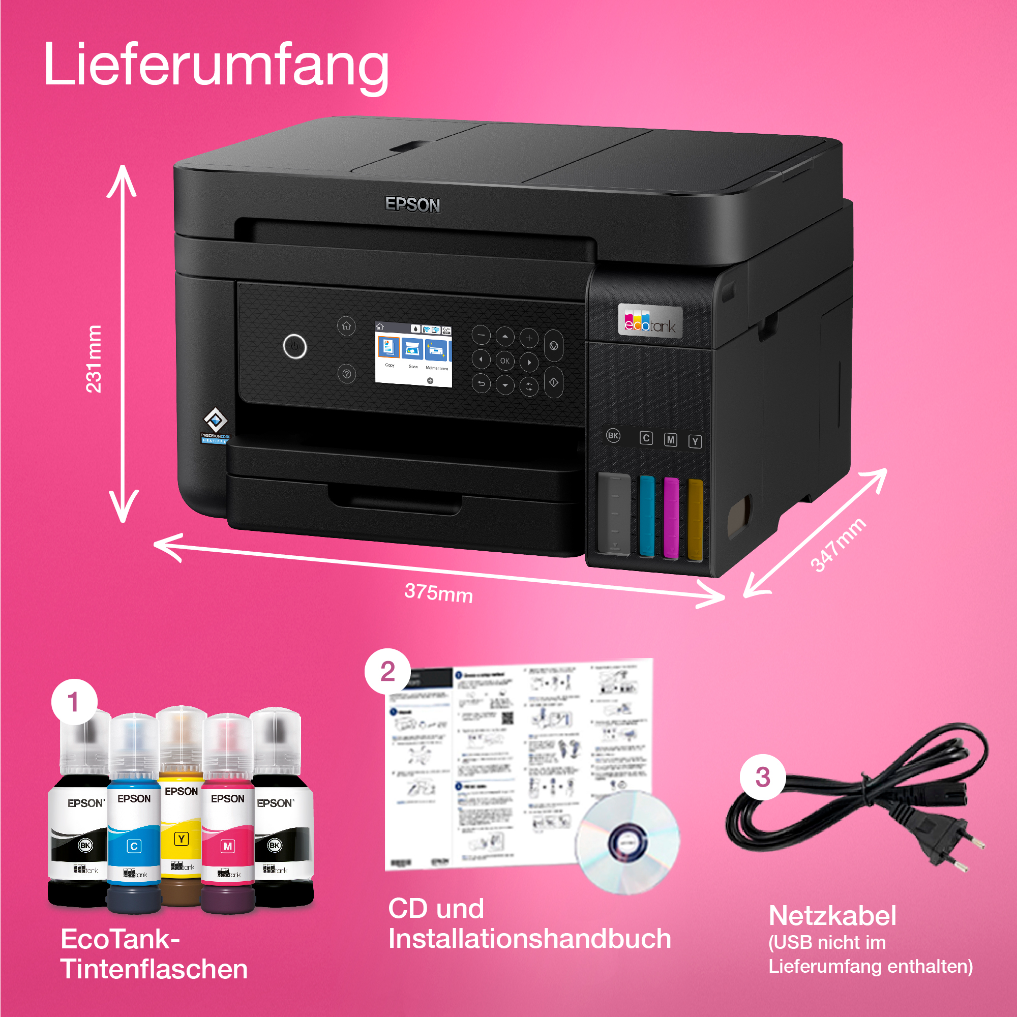 Drucker mit Abmessungen, Tintenflaschen, CD und Netzkabel, von oben.