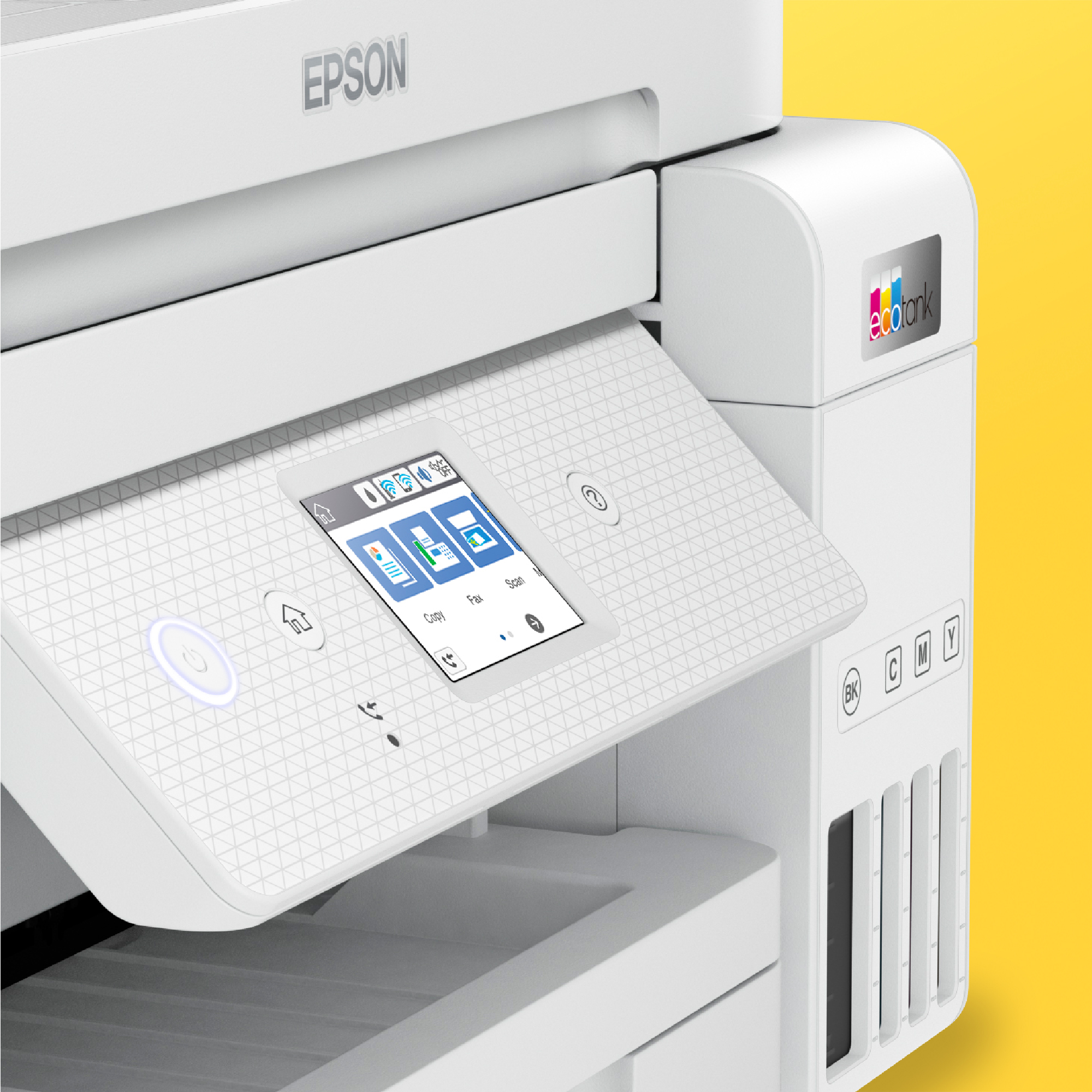 Weißer Epson-Drucker mit Touchscreen-Display und Tintenbehältern, gelber Hintergrund.