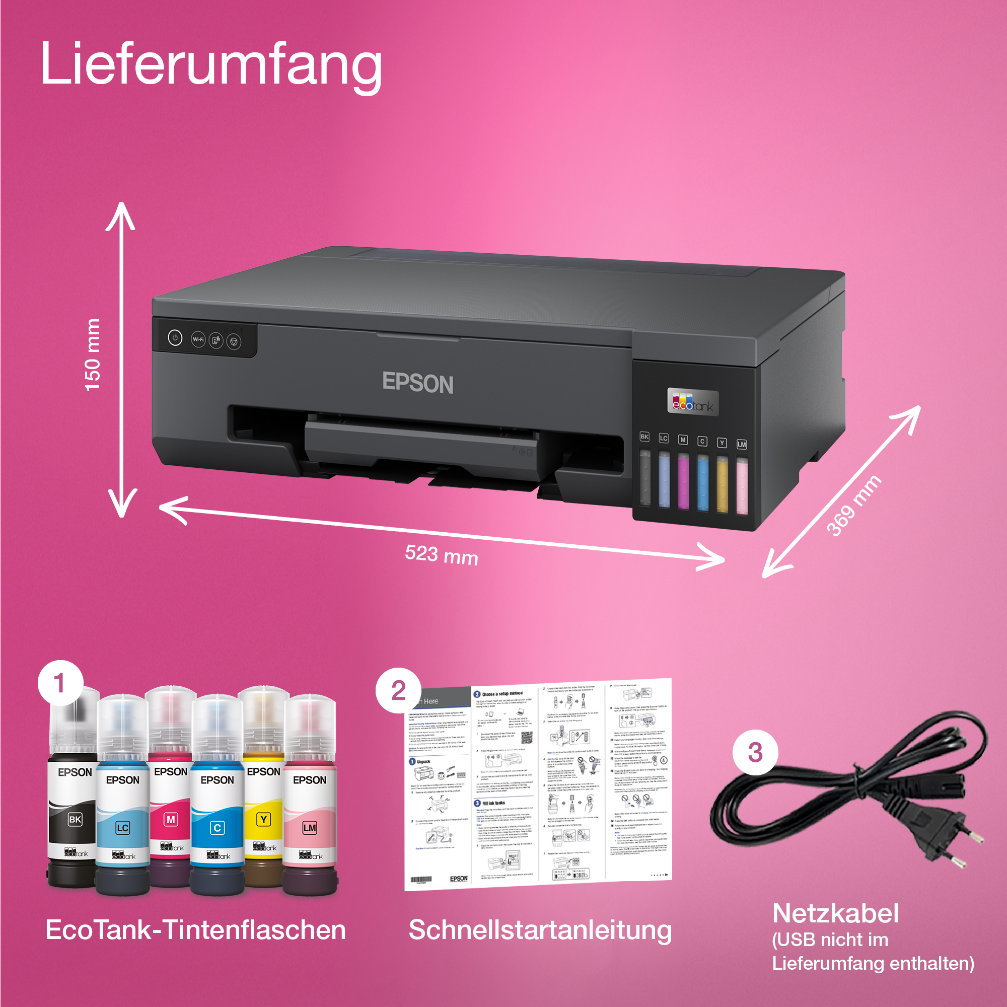 Epson-Drucker und Zubehör auf pinkfarbenem Hintergrund mit Maßangaben und Text.