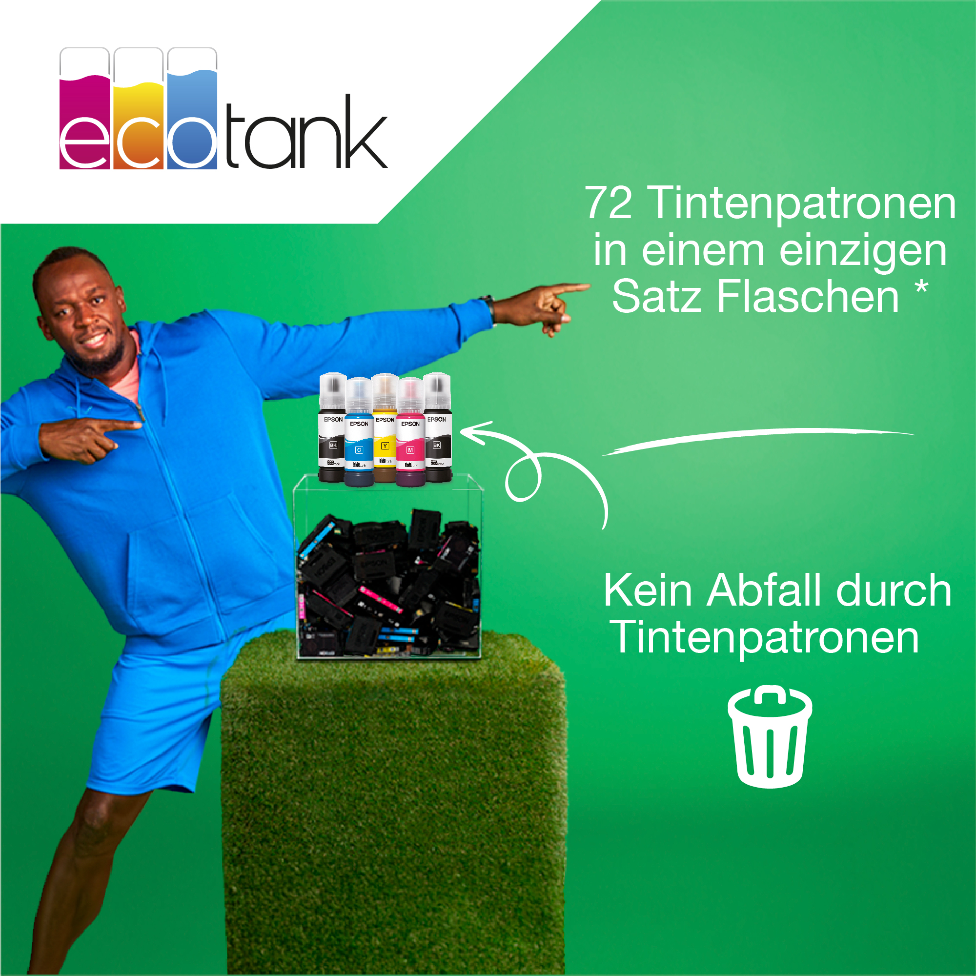 Ein Mann zeigt auf Tintenpatronen. Ein durchsichtiger Behälter hält Patronen. Der Hintergrund ist grün. Text wirbt für Tintensparen.