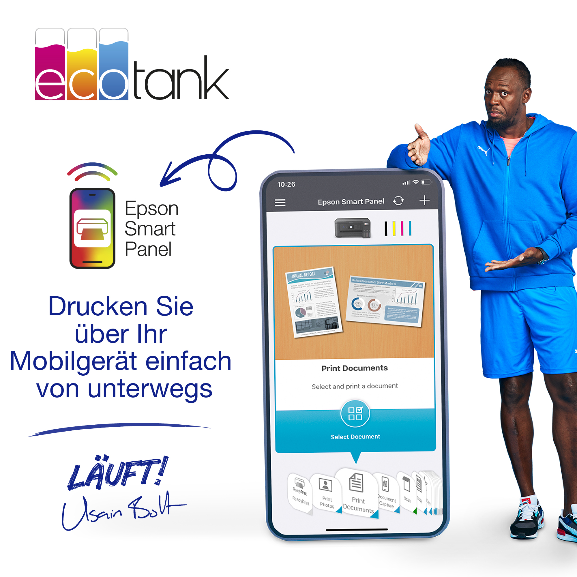 Usain Bolt zeigt einen Telefonbildschirm mit der Epson Smart Panel App. Text beschreibt das Drucken.