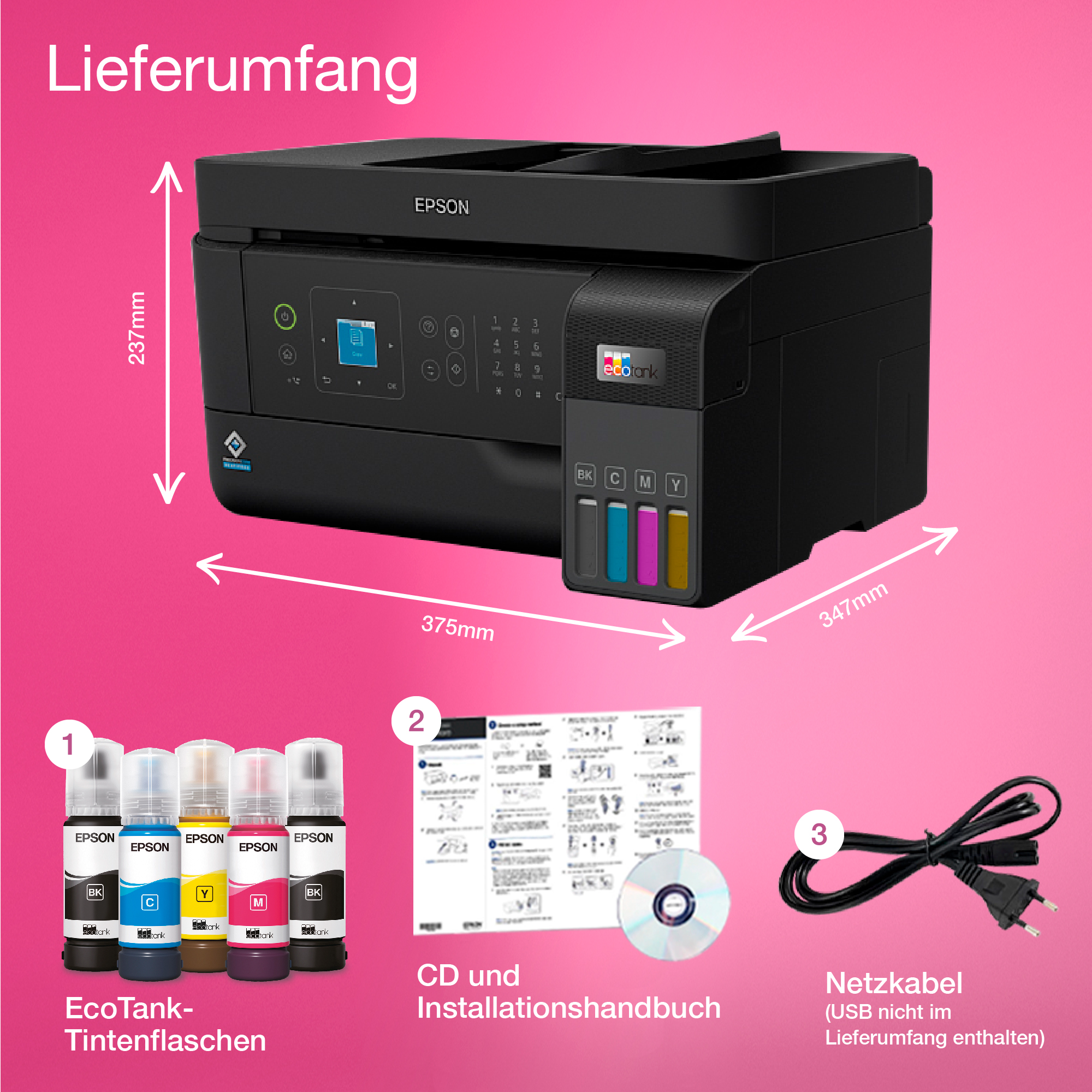 Ein Epson-Drucker mit Tintenflaschen, einer CD und einem Netzkabel.