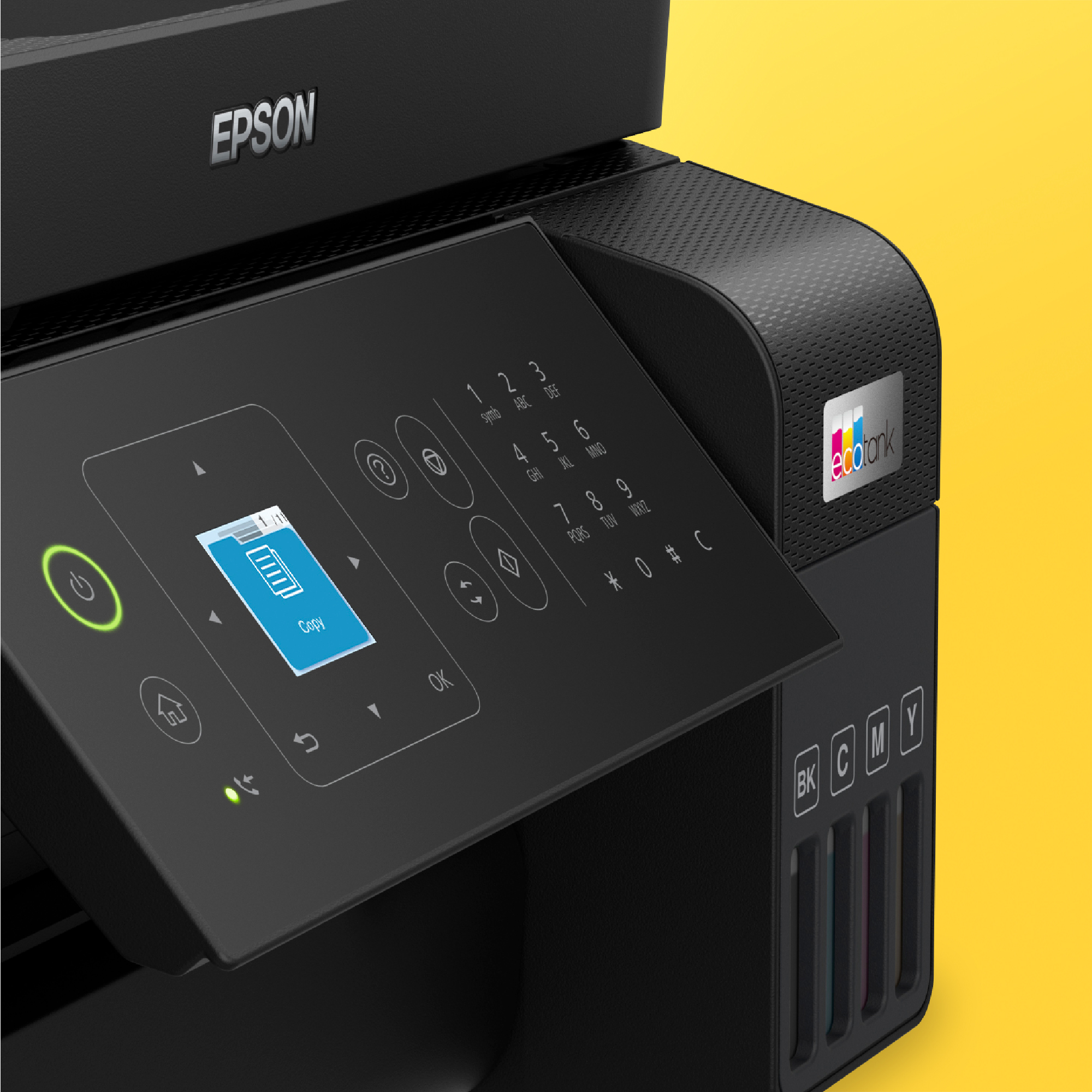 Nahaufnahme des Bedienfelds des Epson-Druckers. Ein Bildschirm mit einem Batteriesymbol ist sichtbar.