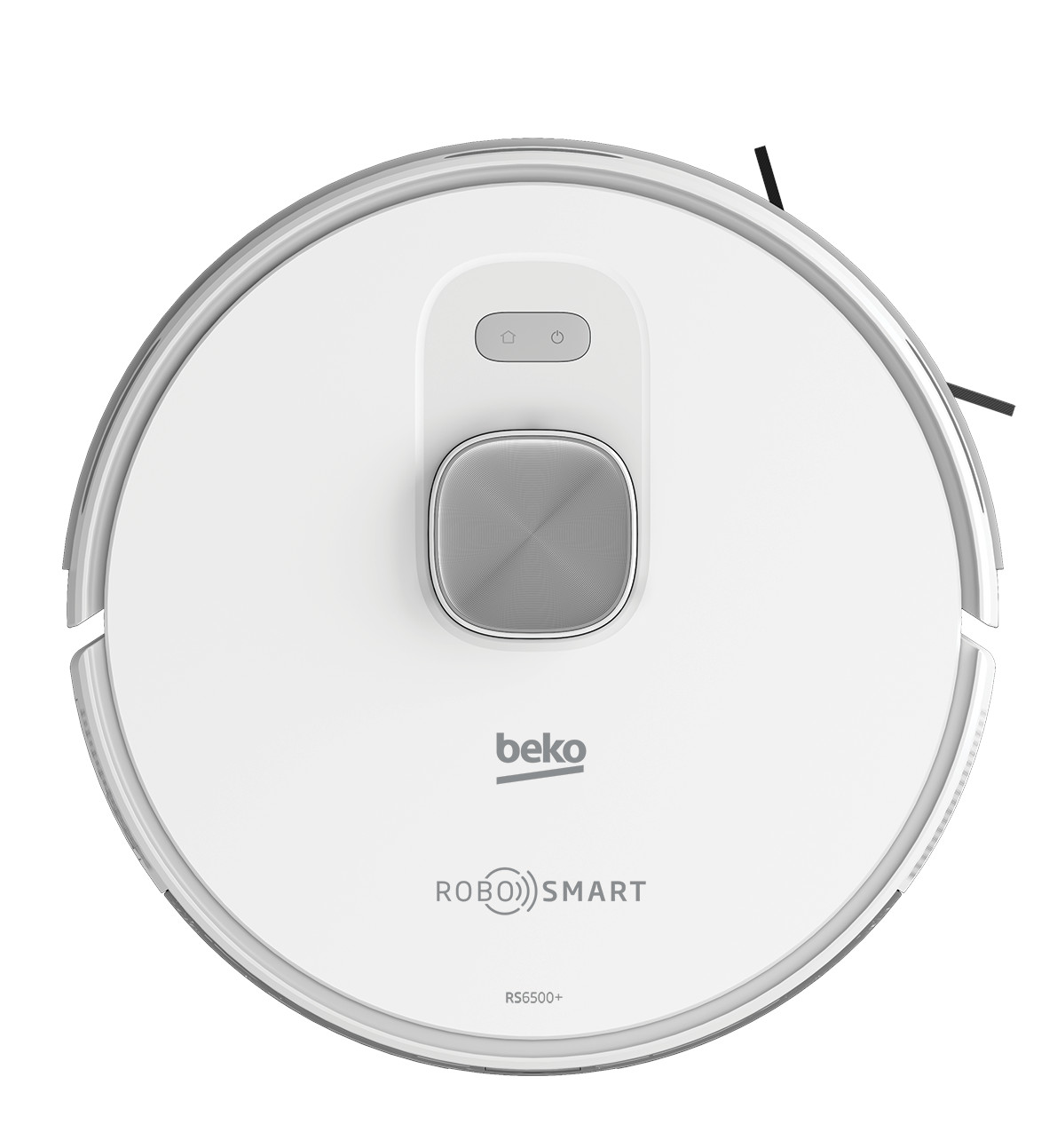 Biały i szary robot odkurzający z czarnymi detalami. Logo Beko na górze.