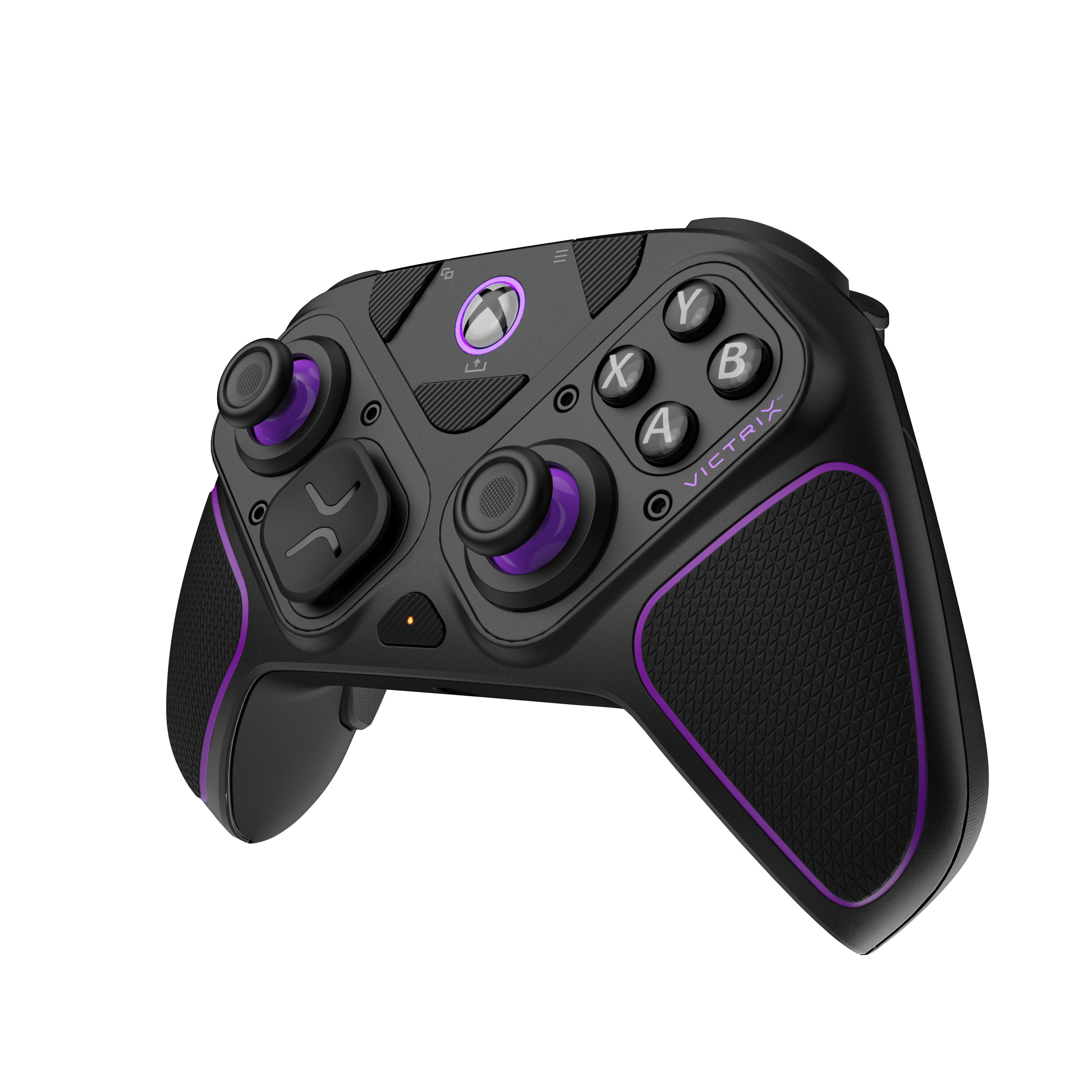 Schwarzer und lila Victrix-Gaming-Controller mit Tasten und Joysticks auf Schwarz.
