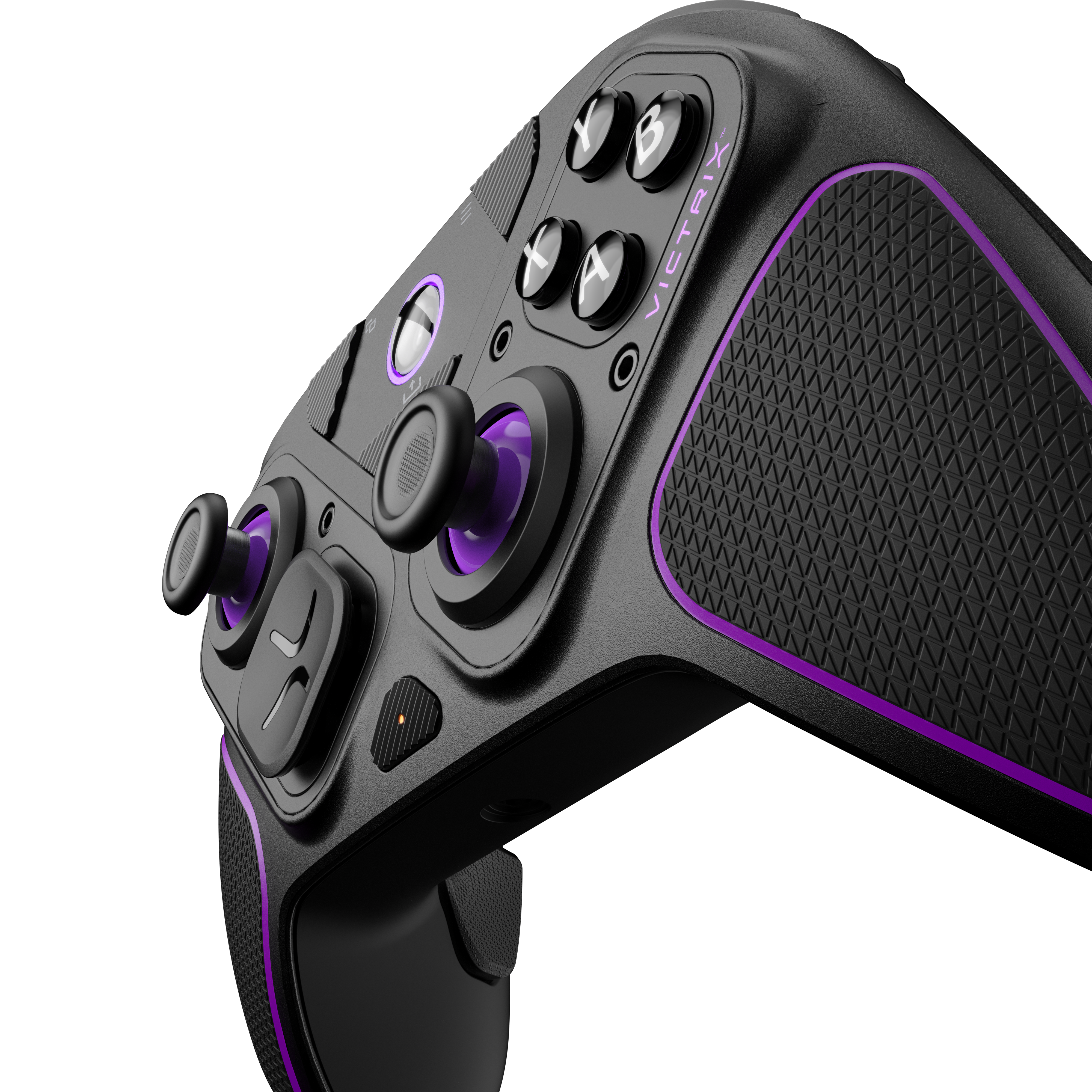 Nahaufnahme eines schwarzen und violetten Gamecontrollers. Die Knöpfe sind schwarz.