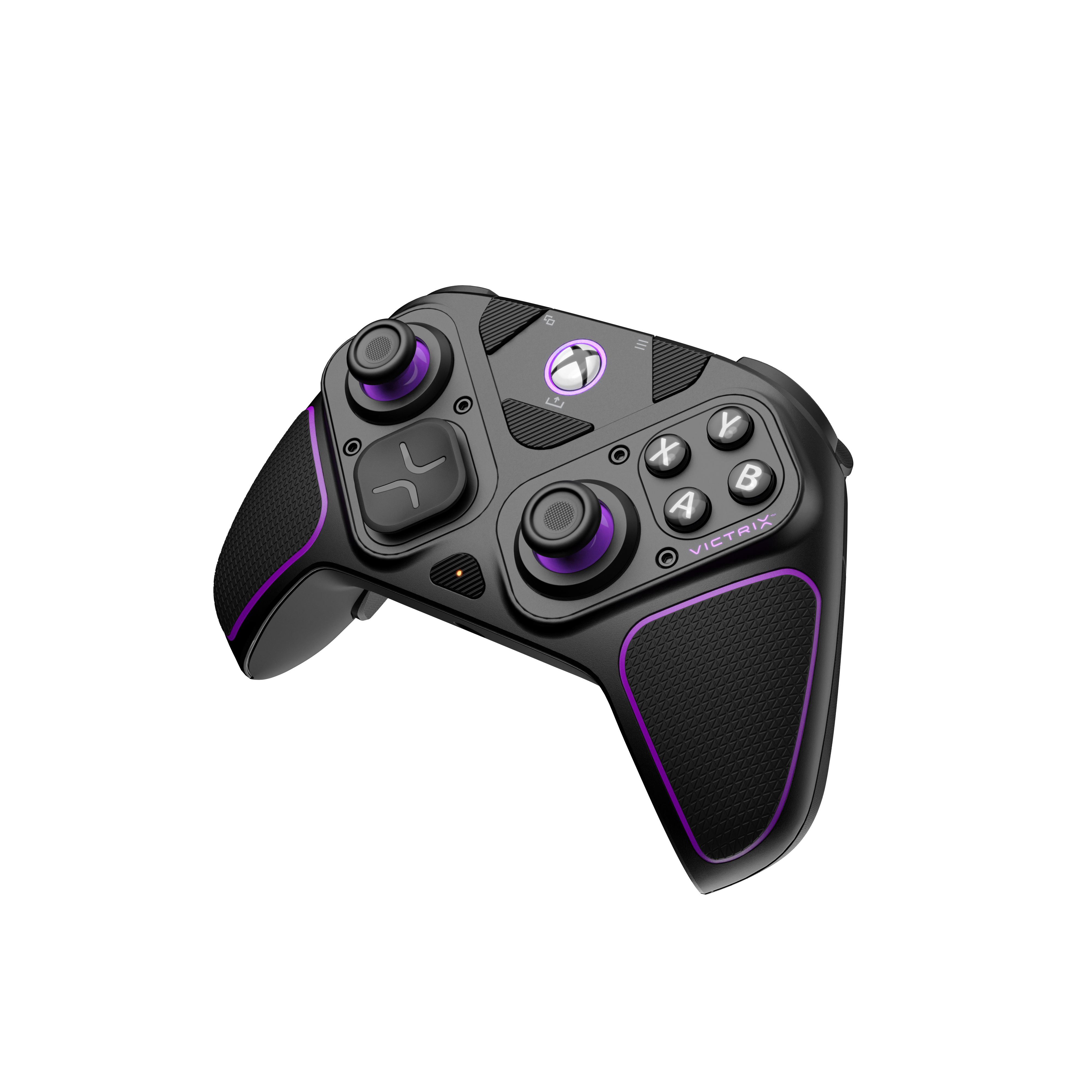 Schwarzer und violetter Victrix-Controller auf schwarzem Hintergrund, mit Knöpfen und Joystick.