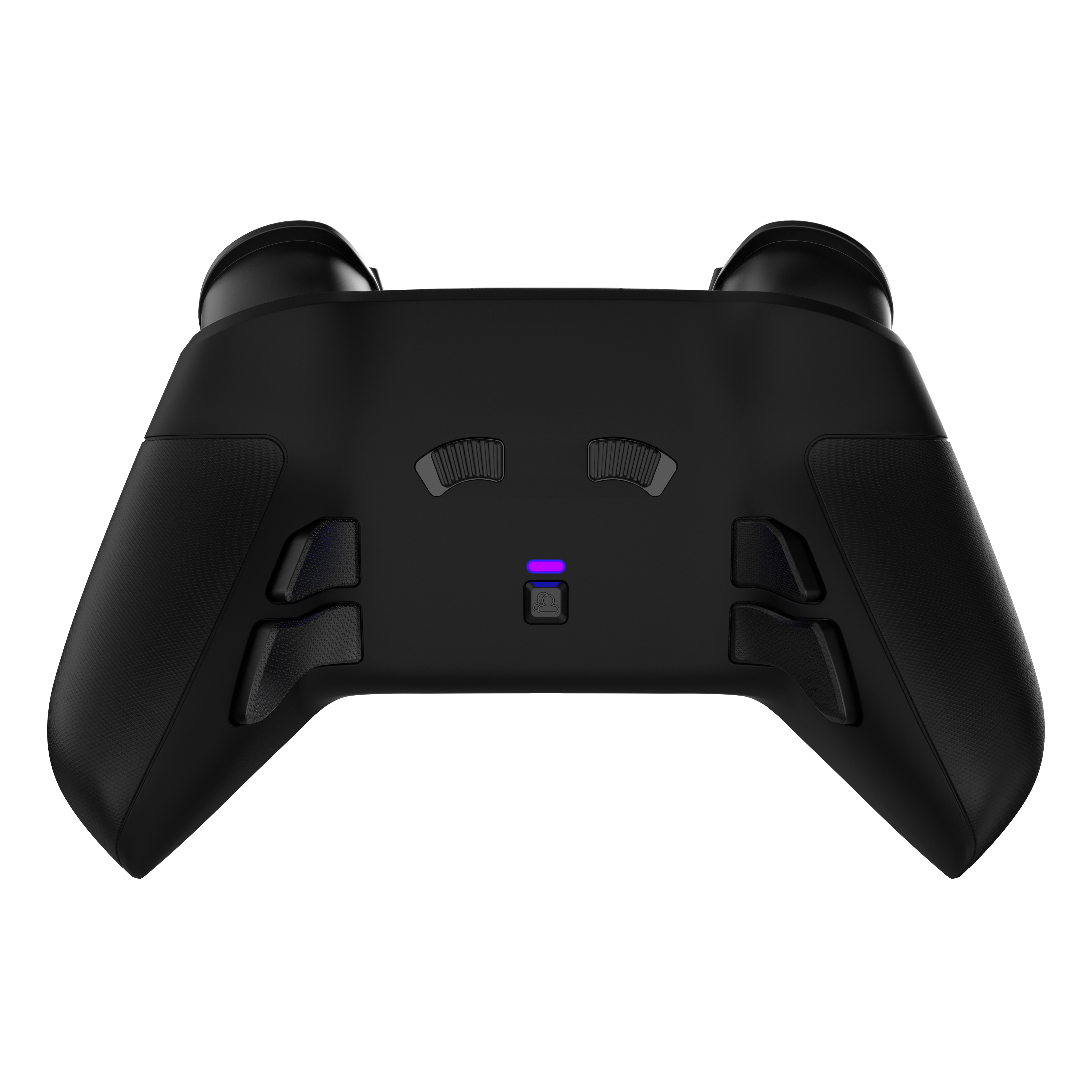 Schwarzes Gamepad mit Knöpfen und Joysticks. Lila Licht.